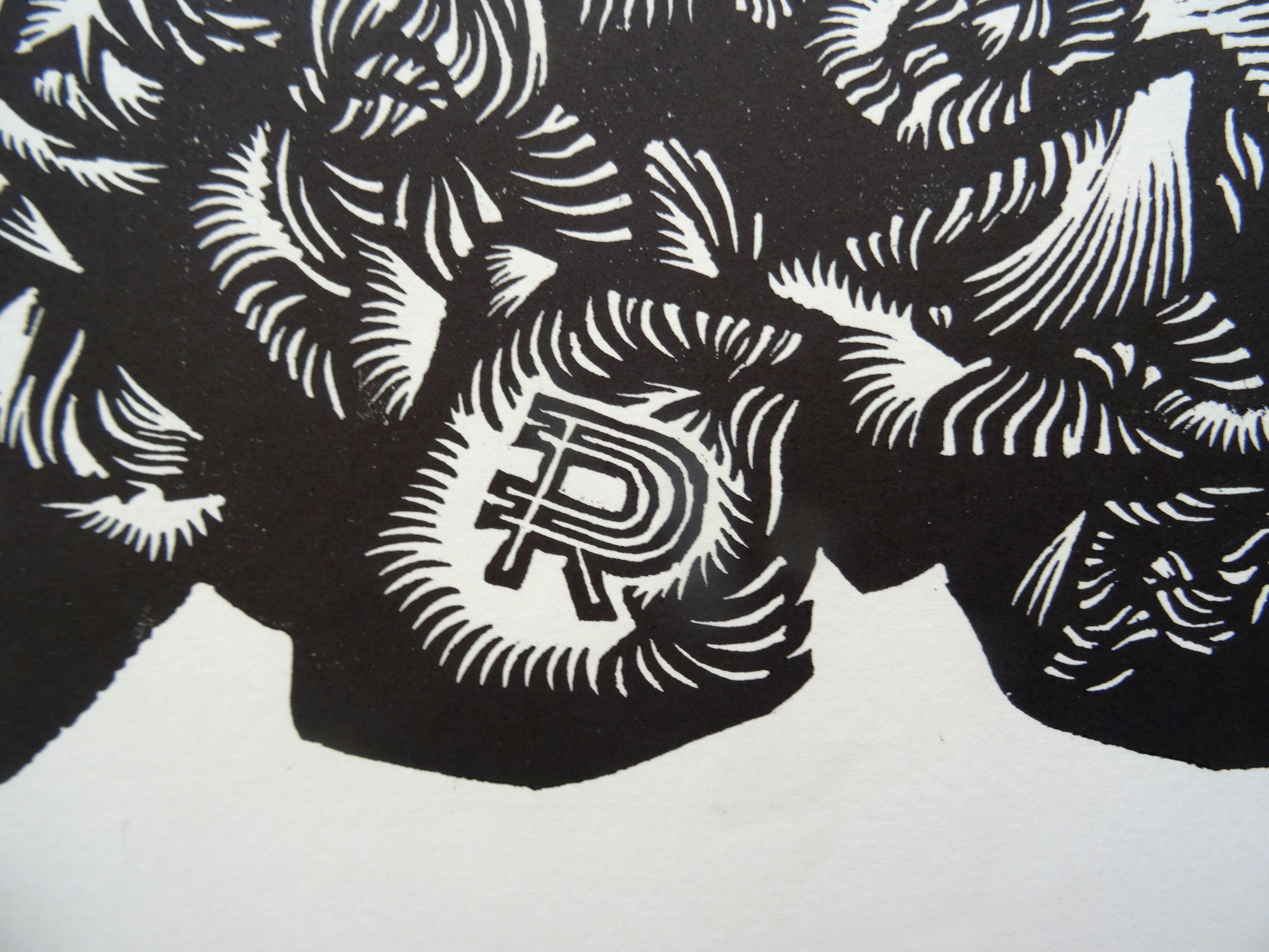 Fatigue. 1977, Paper, linocut, print size 55x50 cm; total 70x65 cm - Abstract Geometric Print by Dainis Rozkalns