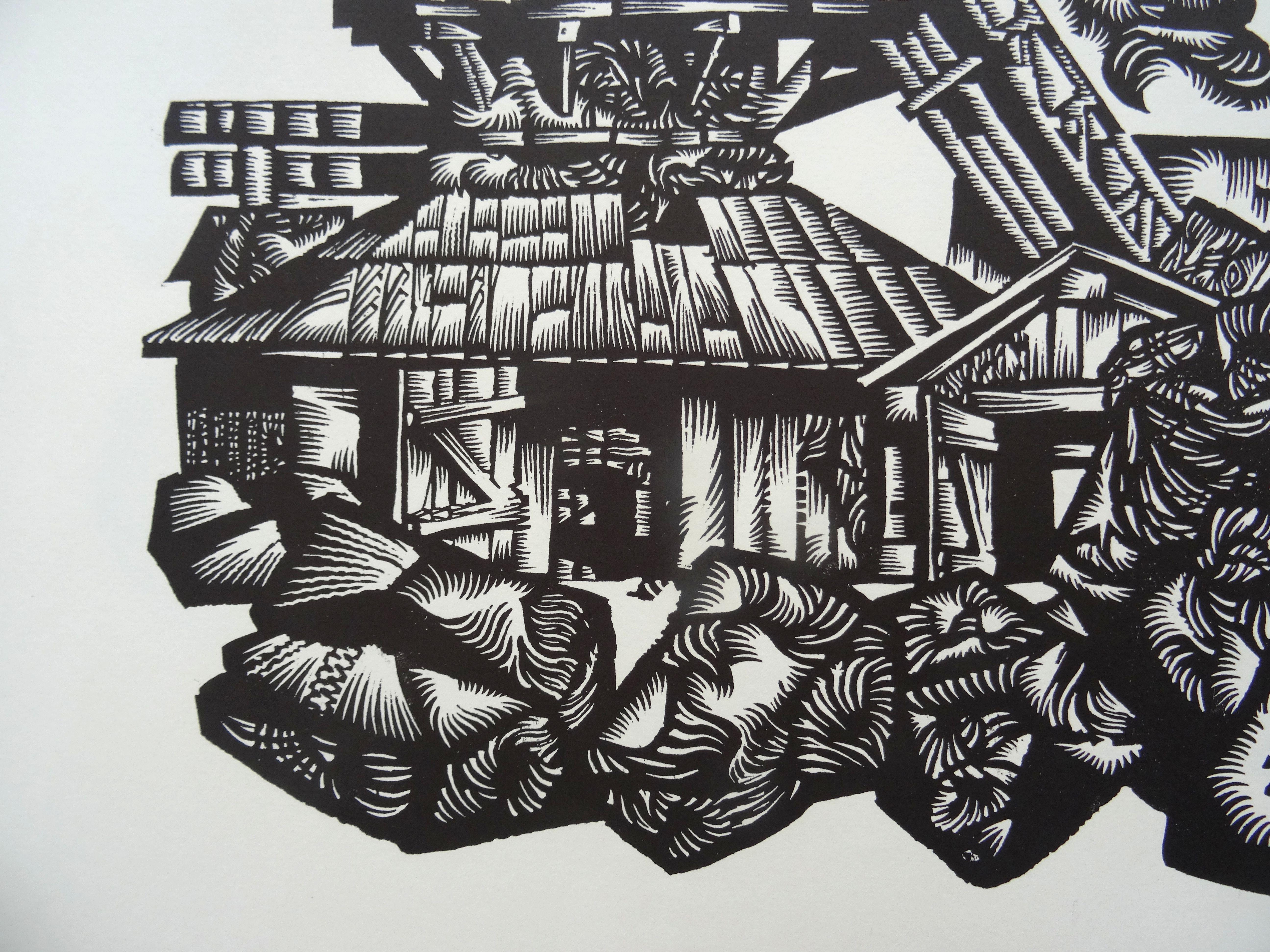 Fatigue. 1977, Paper, linocut, print size 55x50 cm; total 70x65 cm - Gray Figurative Print by Dainis Rozkalns