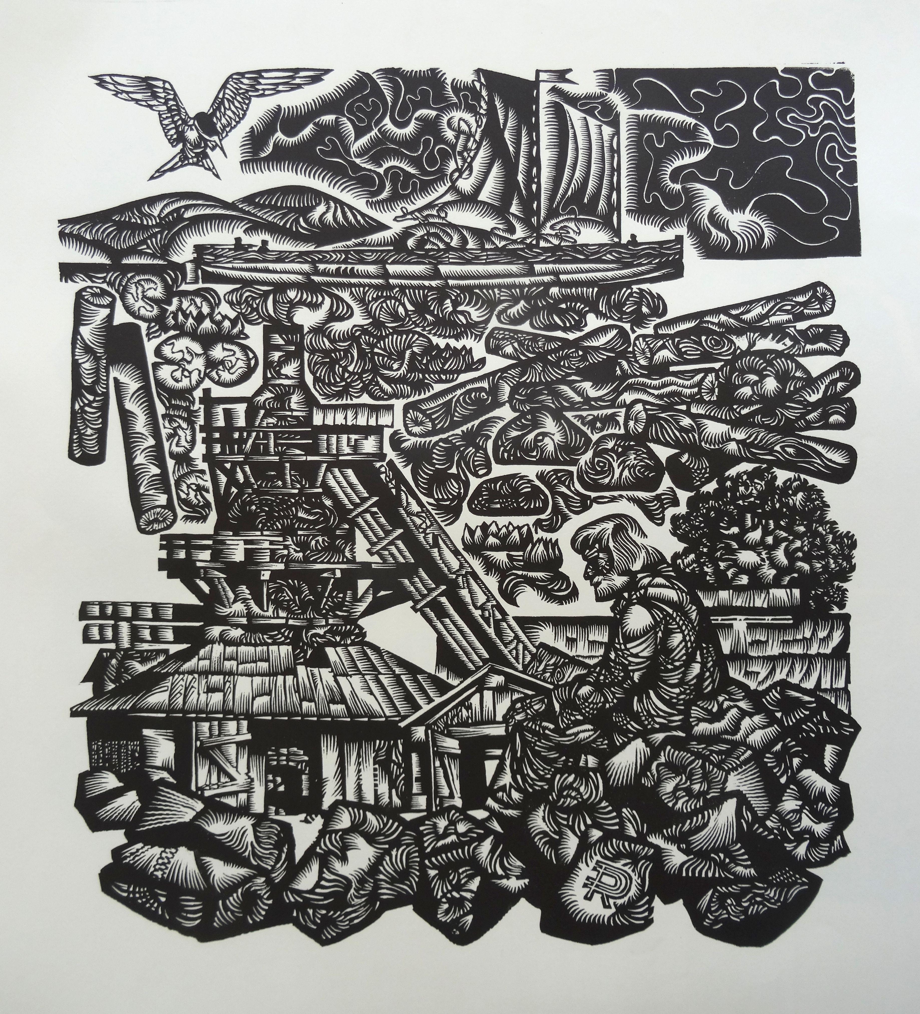 Dainis Rozkalns Figurative Print - Fatigue. 1977, Paper, linocut, print size 55x50 cm; total 70x65 cm