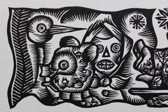 Feast and singing. 1984. Paper, linocut, 20x34 cm
