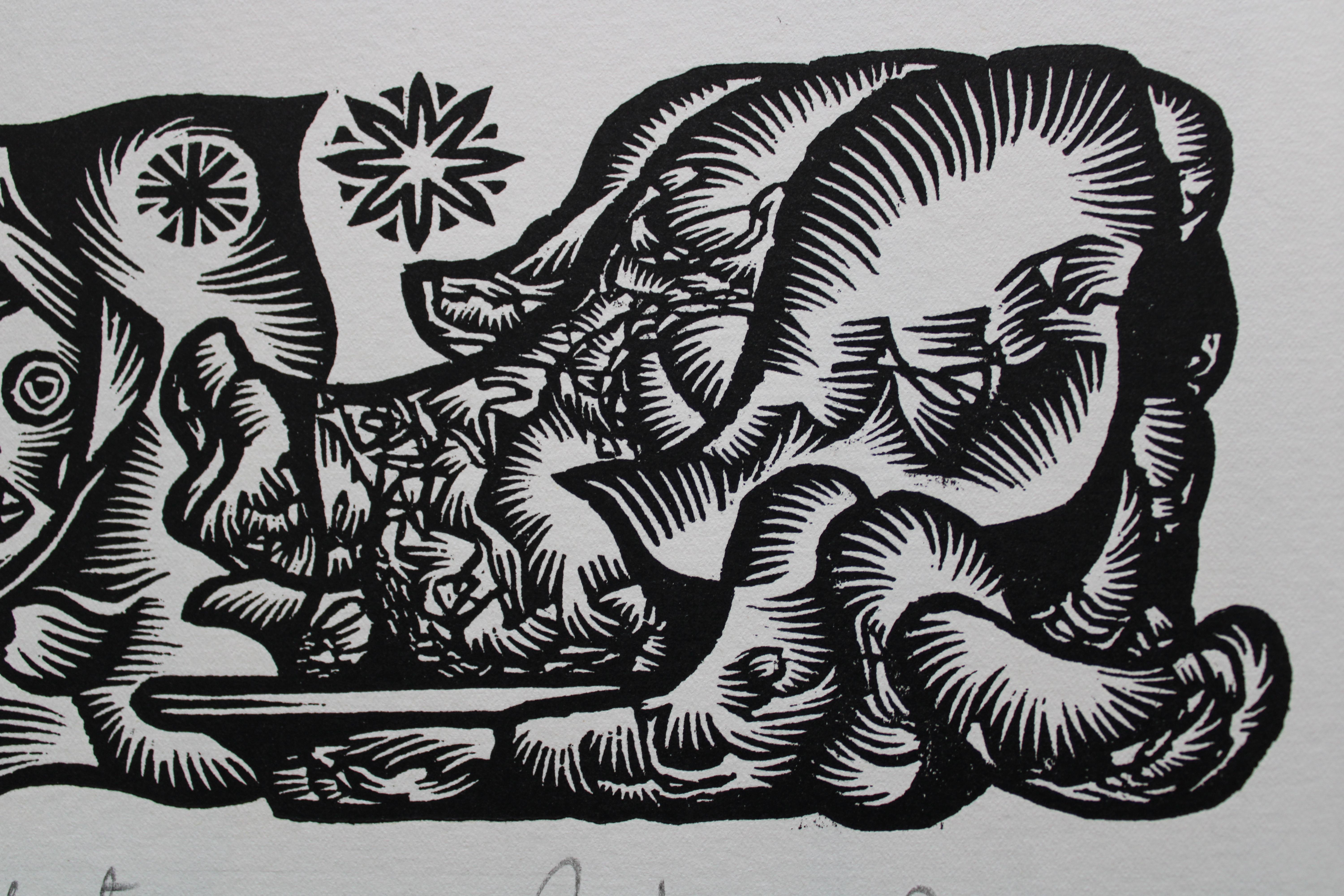 Feiern und Singen. 1984. Papier, Linolschnitt, 20x34 cm (Volkskunst), Print, von Dainis Rozkalns