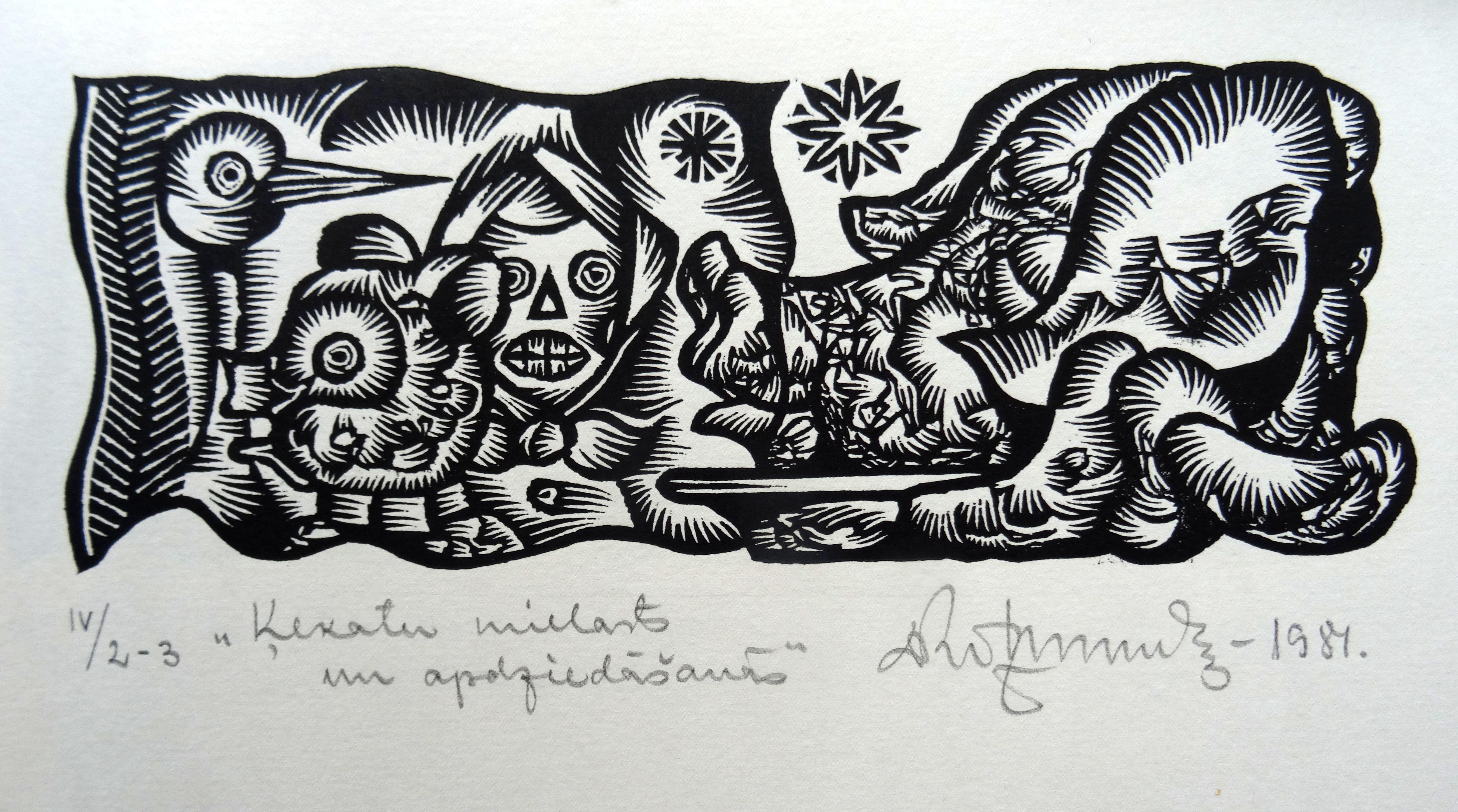 Dainis Rozkalns Animal Print – Feiern und Singen. 1984. Papier, Linolschnitt, 20x34 cm