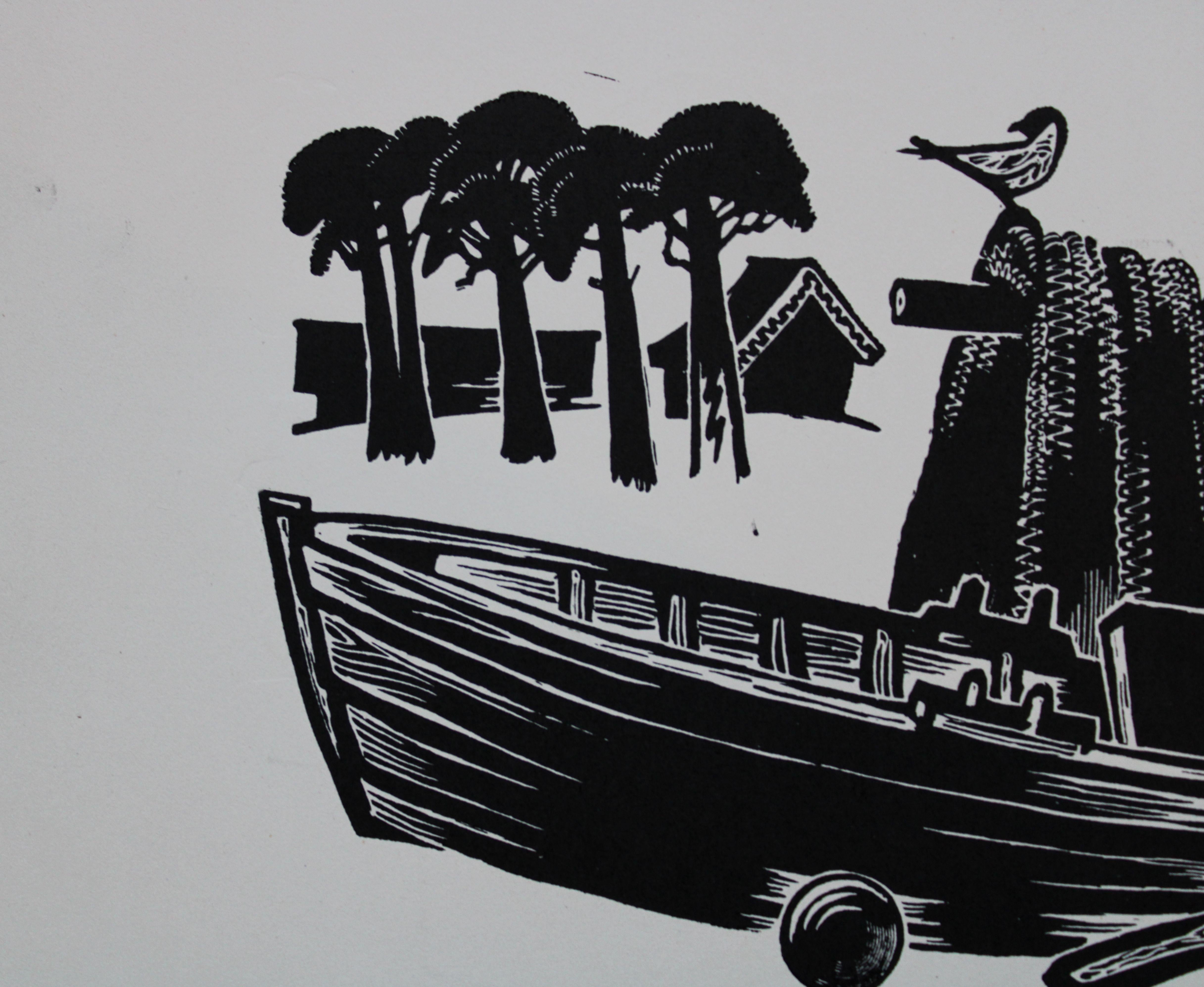 Fishing boat. Double sided. Paper, linocut, 21x27, 5 cm - Print by Dainis Rozkalns