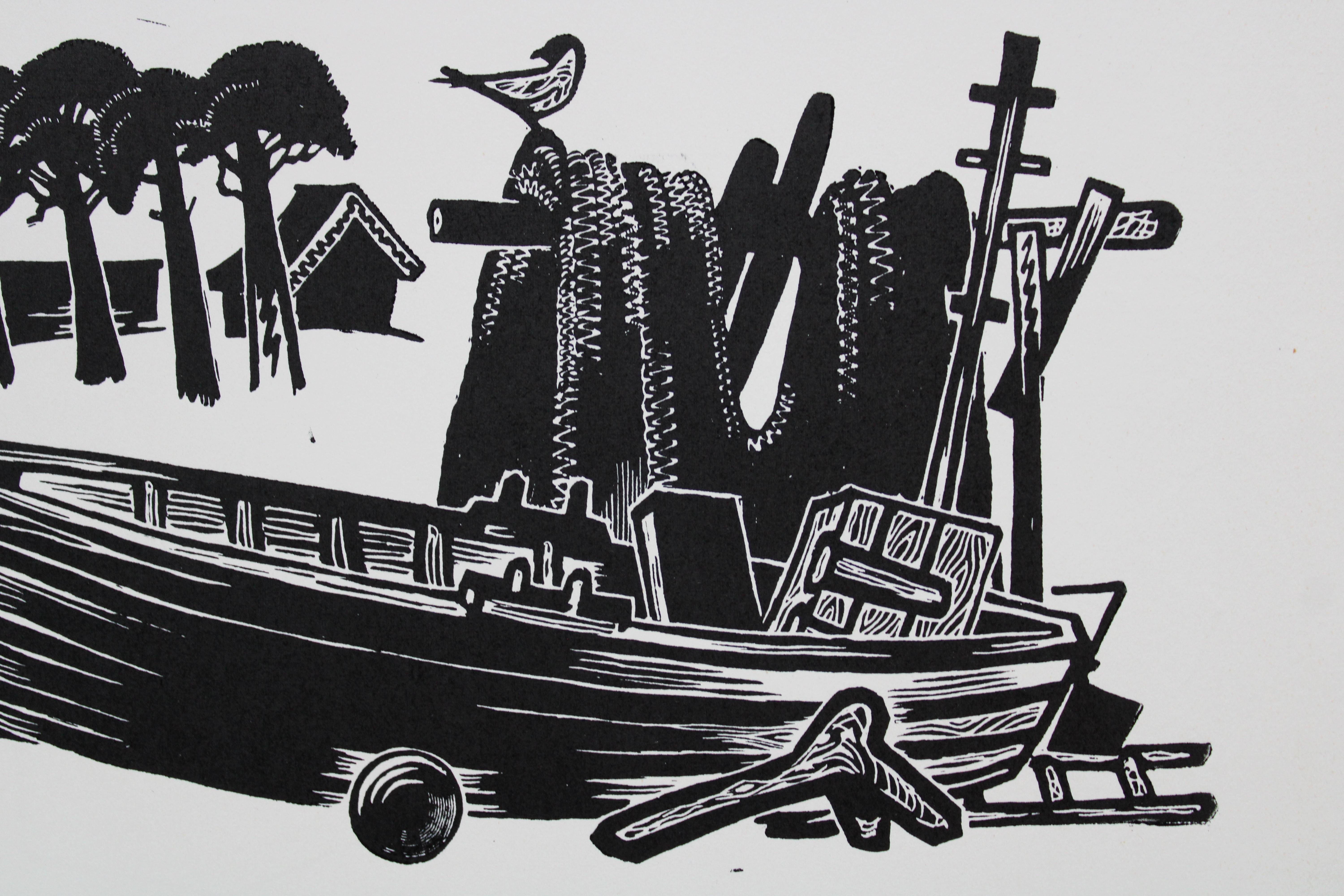 Barca da pesca. Doppio lato. Carta, linoleografia, 21x27, 5 cm - Print Arte popolare di Dainis Rozkalns