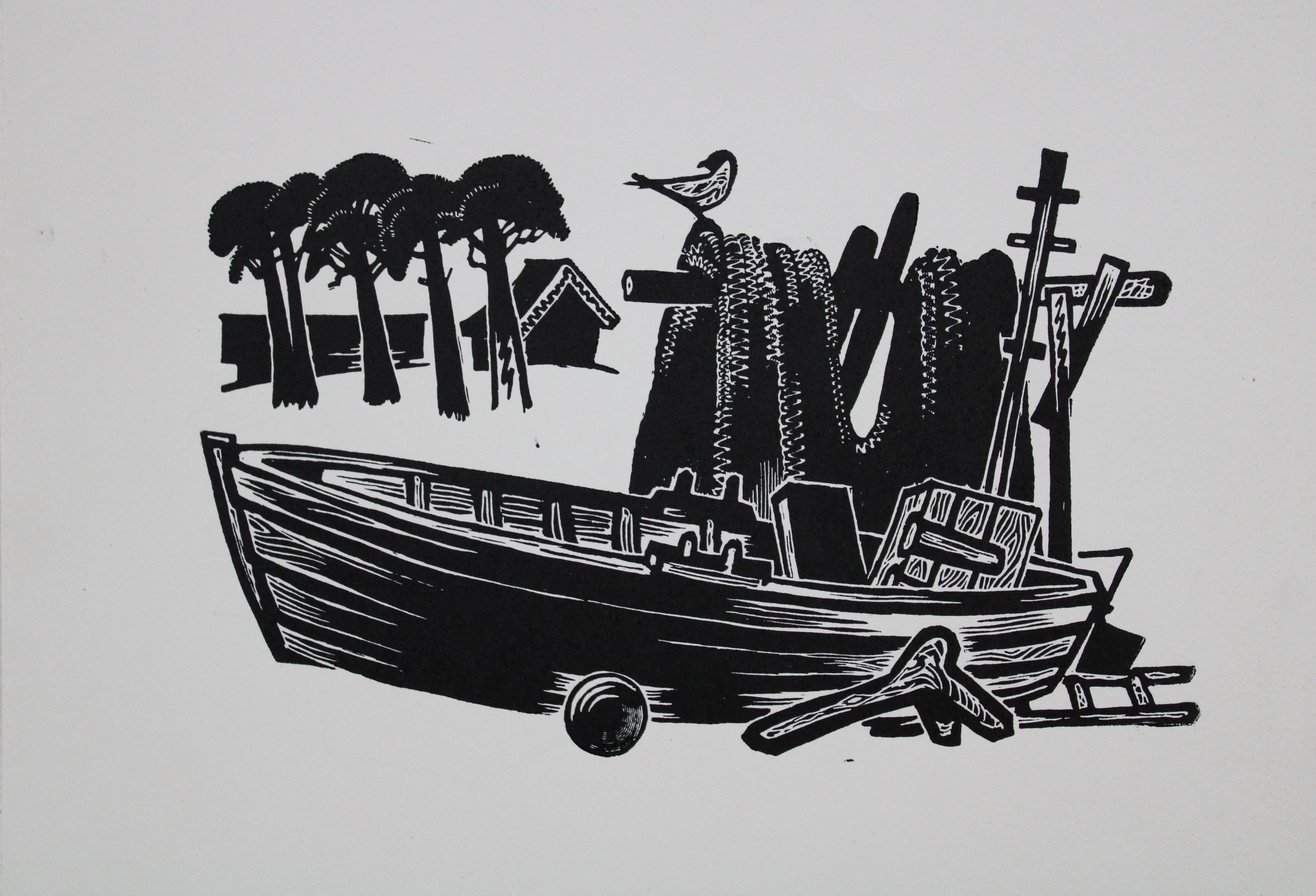 Dainis Rozkalns Print - Fishing boat. Double sided. Paper, linocut, 21x27, 5 cm