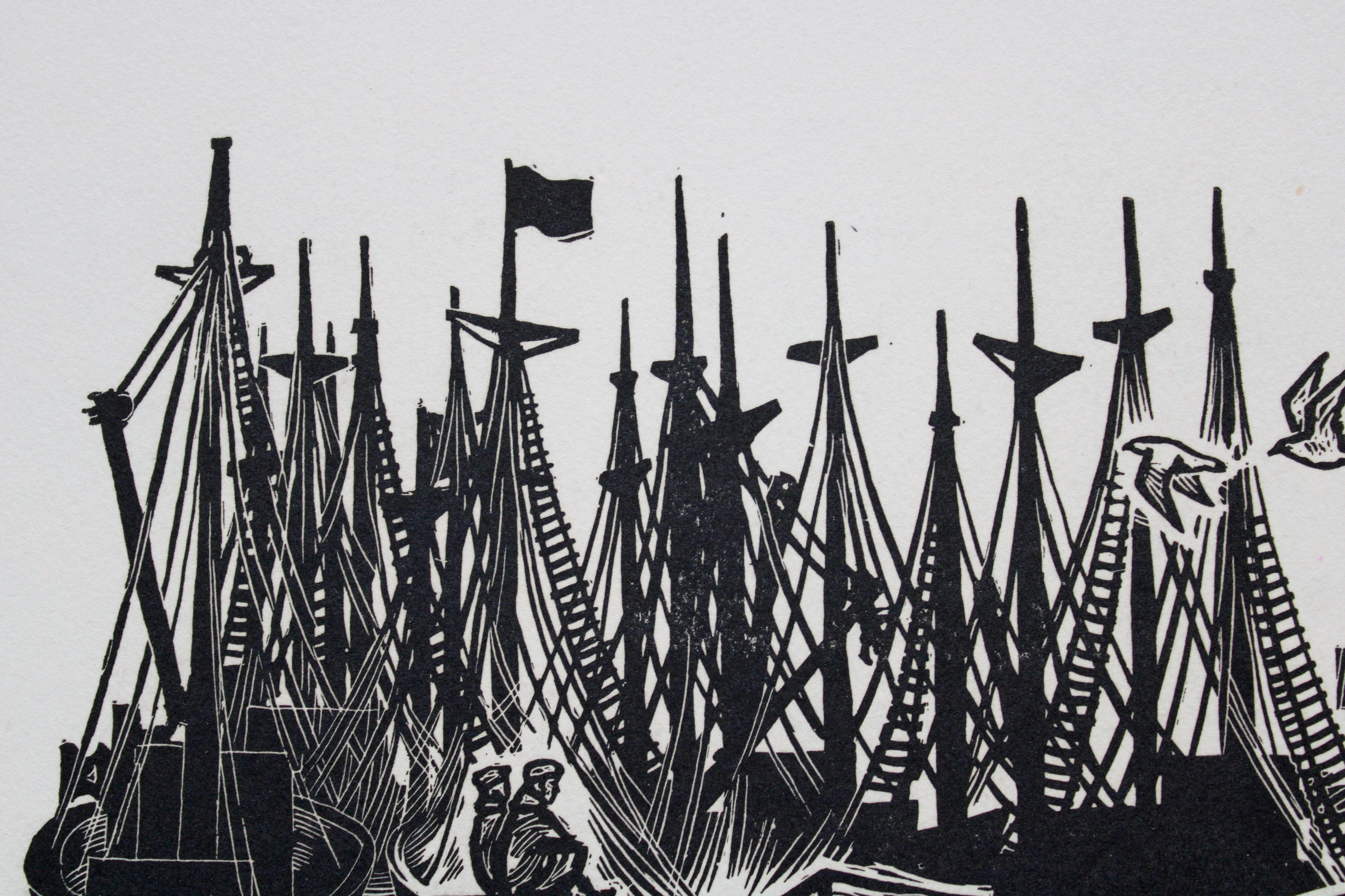Fishing men. Paper, linocut, 23x32 cm - Print by Dainis Rozkalns