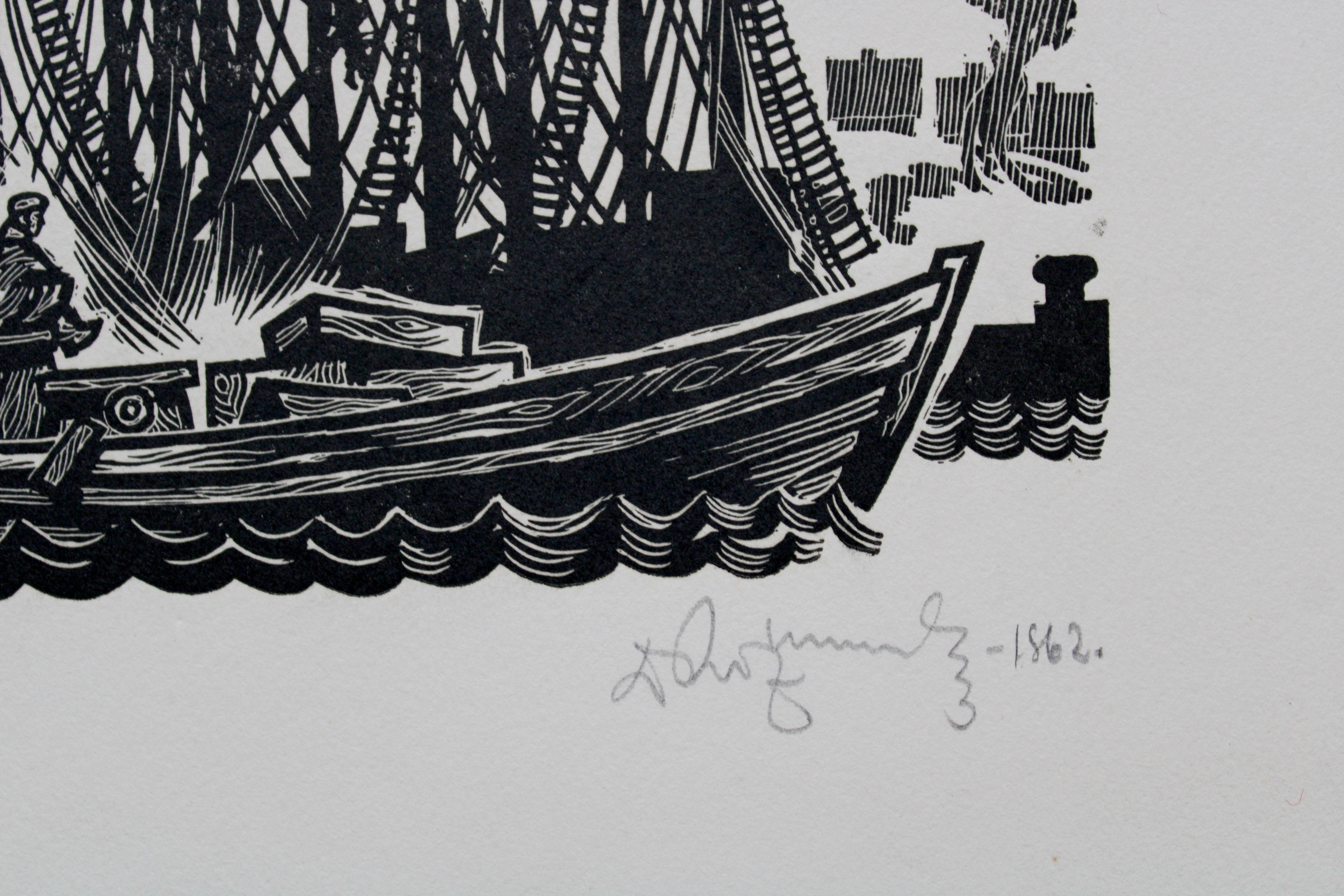 Fishing men. Paper, linocut, 23x32 cm - Folk Art Print by Dainis Rozkalns