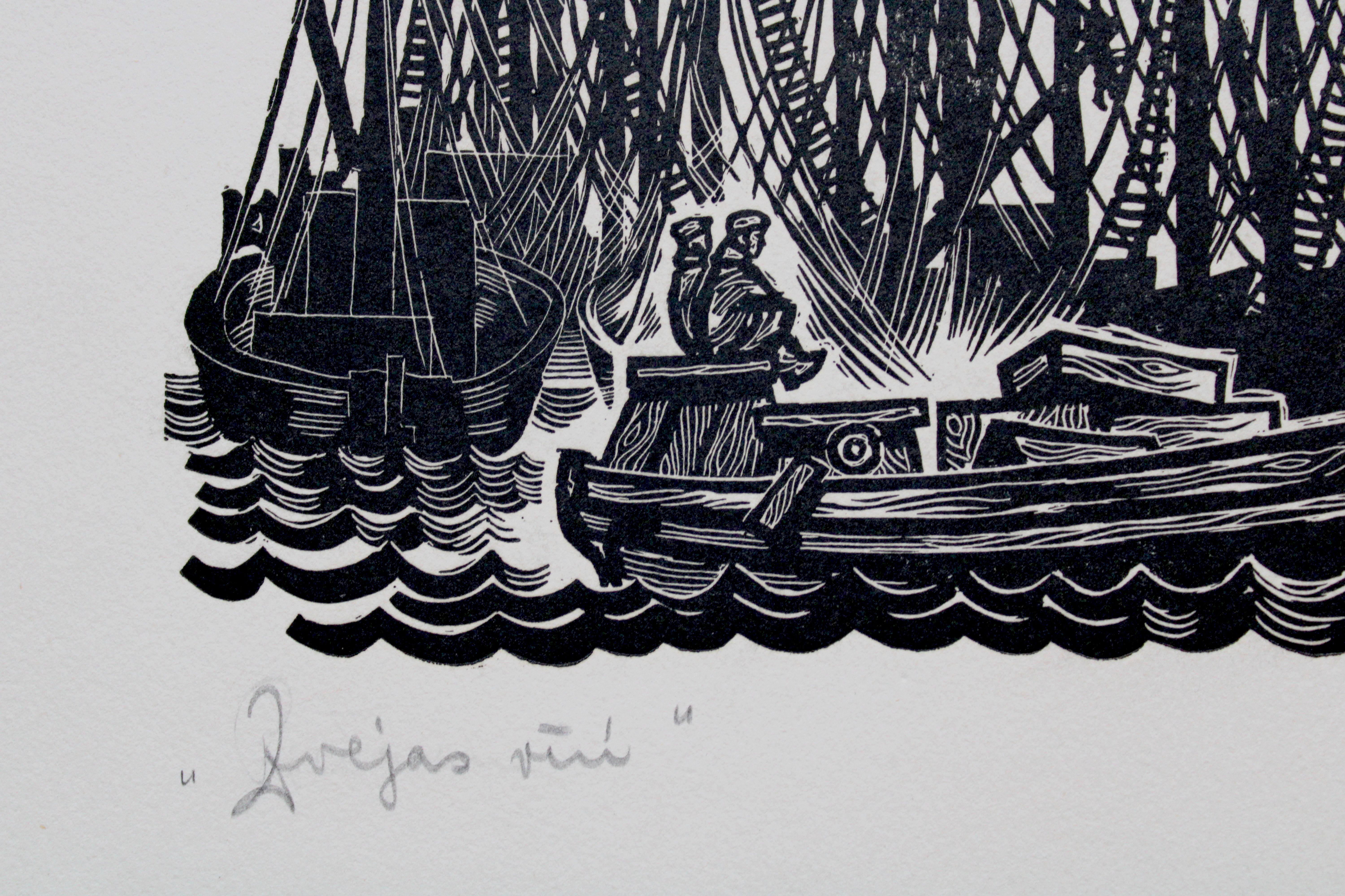 Fishing men. Paper, linocut, 23x32 cm - Gray Print by Dainis Rozkalns