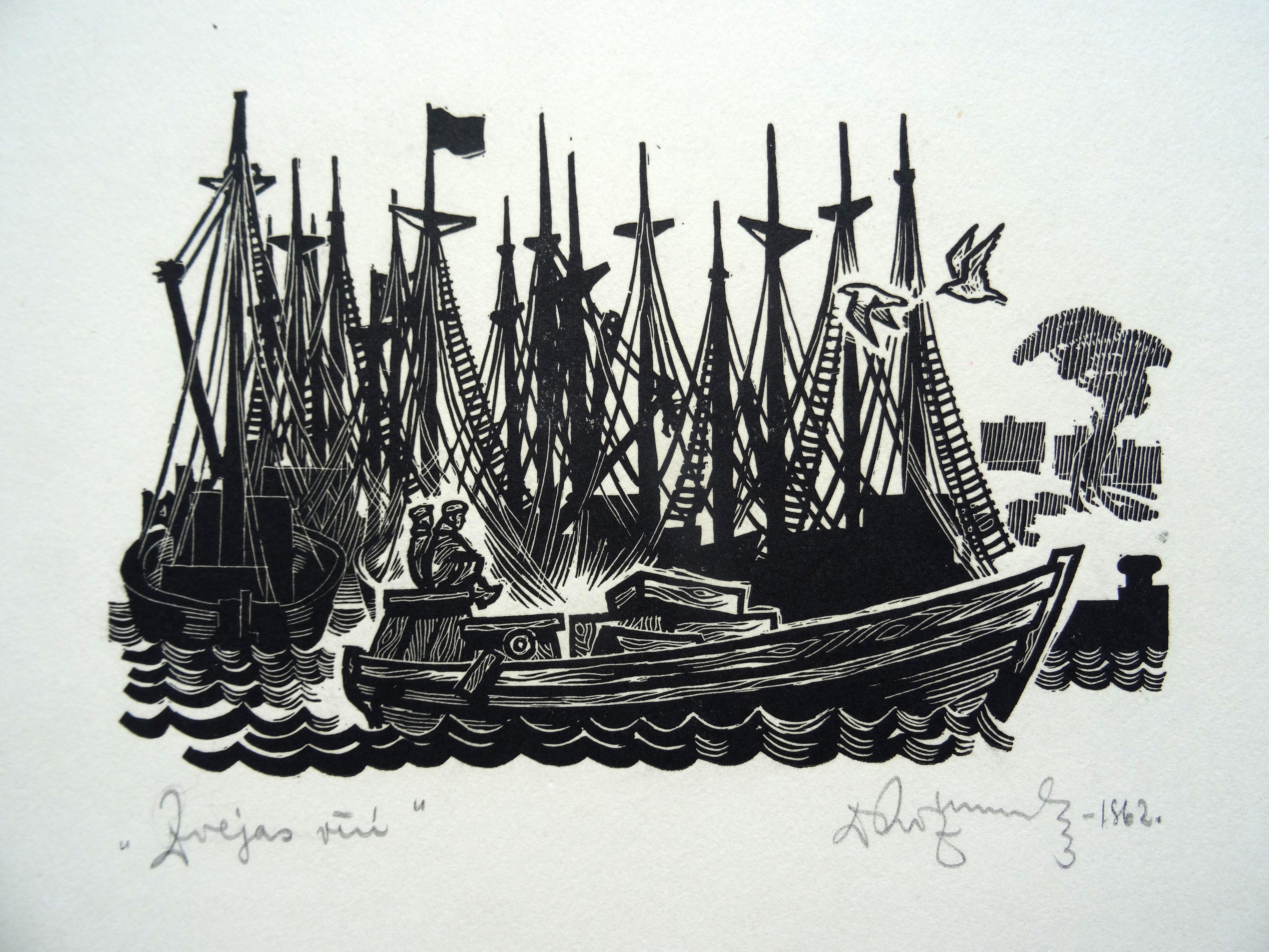Uomini che pescano. Carta, linoleografia, 23x32 cm