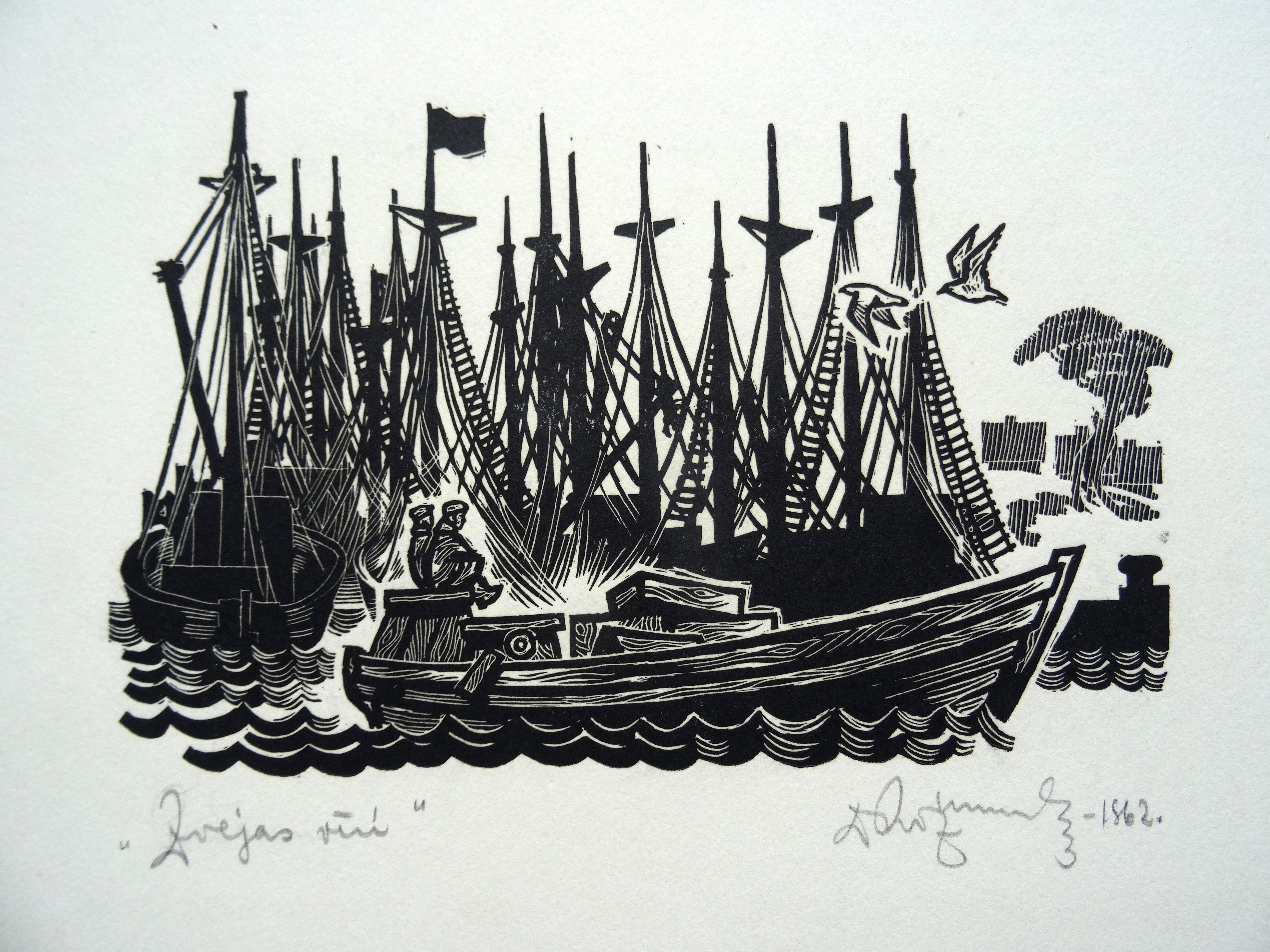 Dainis Rozkalns Print - Fishing men. Paper, linocut, 23x32 cm