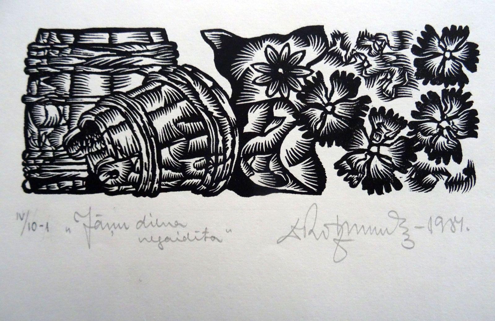 Dainis Rozkalns Landscape Print - Flower barrel. 1984. Paper, linocut, 20x34 cm