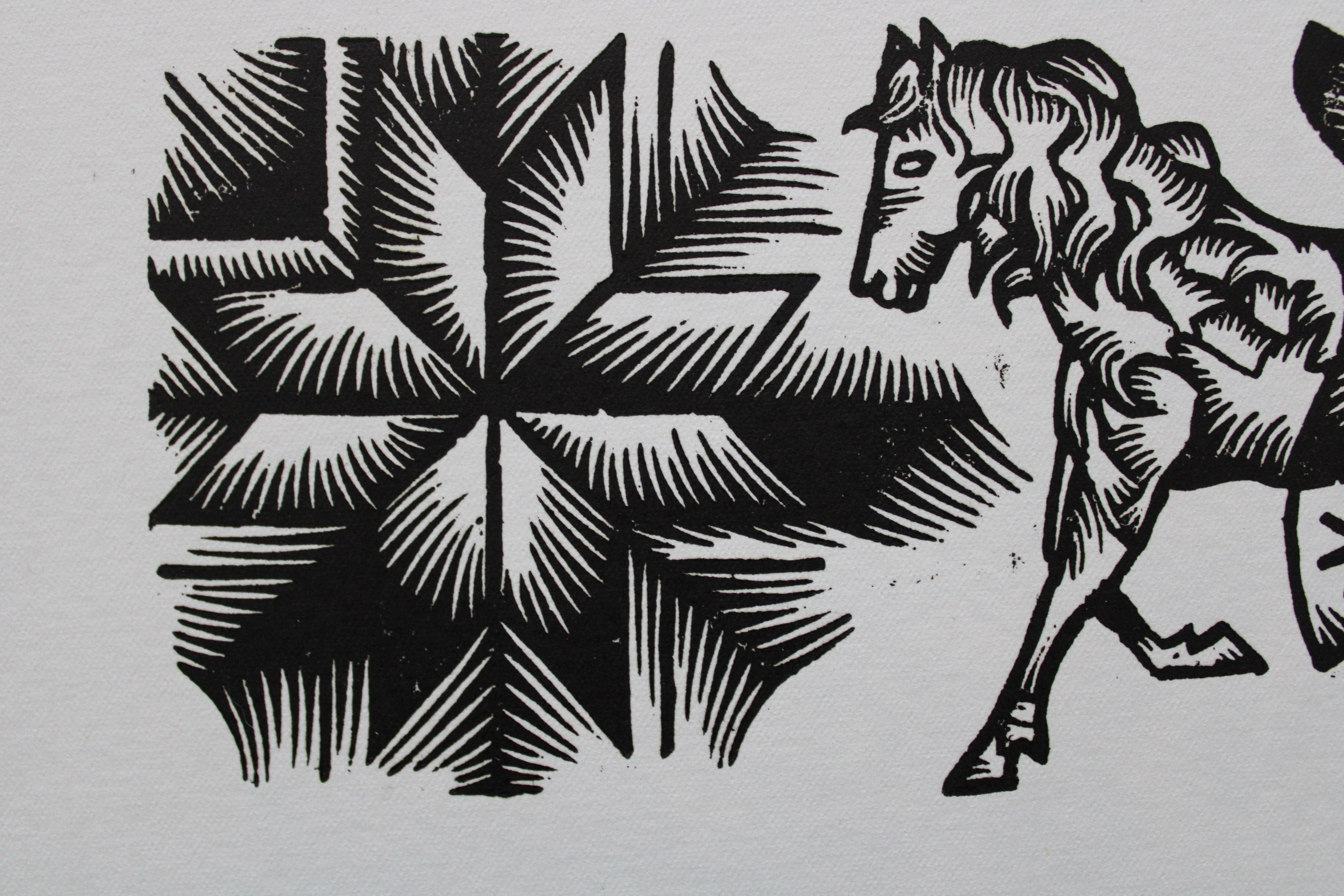 Fohlen auf dem Weg. 1979. Papier, Linolschnitt, 19x33 cm – Print von Dainis Rozkalns