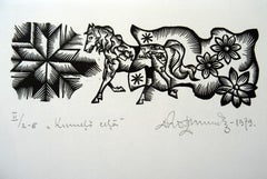 Fohlen auf dem Weg. 1979. Papier, Linolschnitt, 19x33 cm