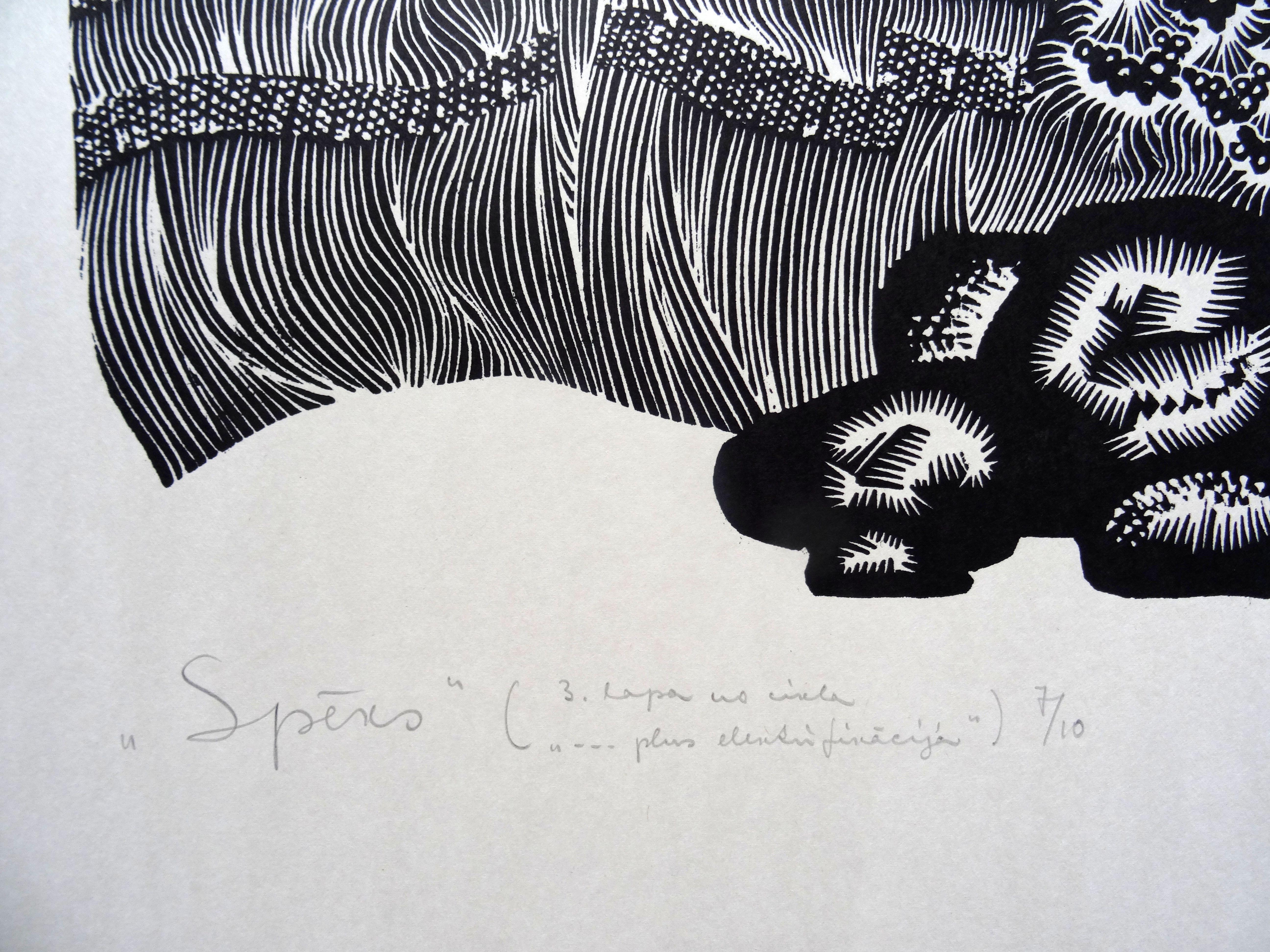 Force. 1970, Linolschnitt, Druckgröße 50x53 cm; insgesamt 65x63 cm – Print von Dainis Rozkalns