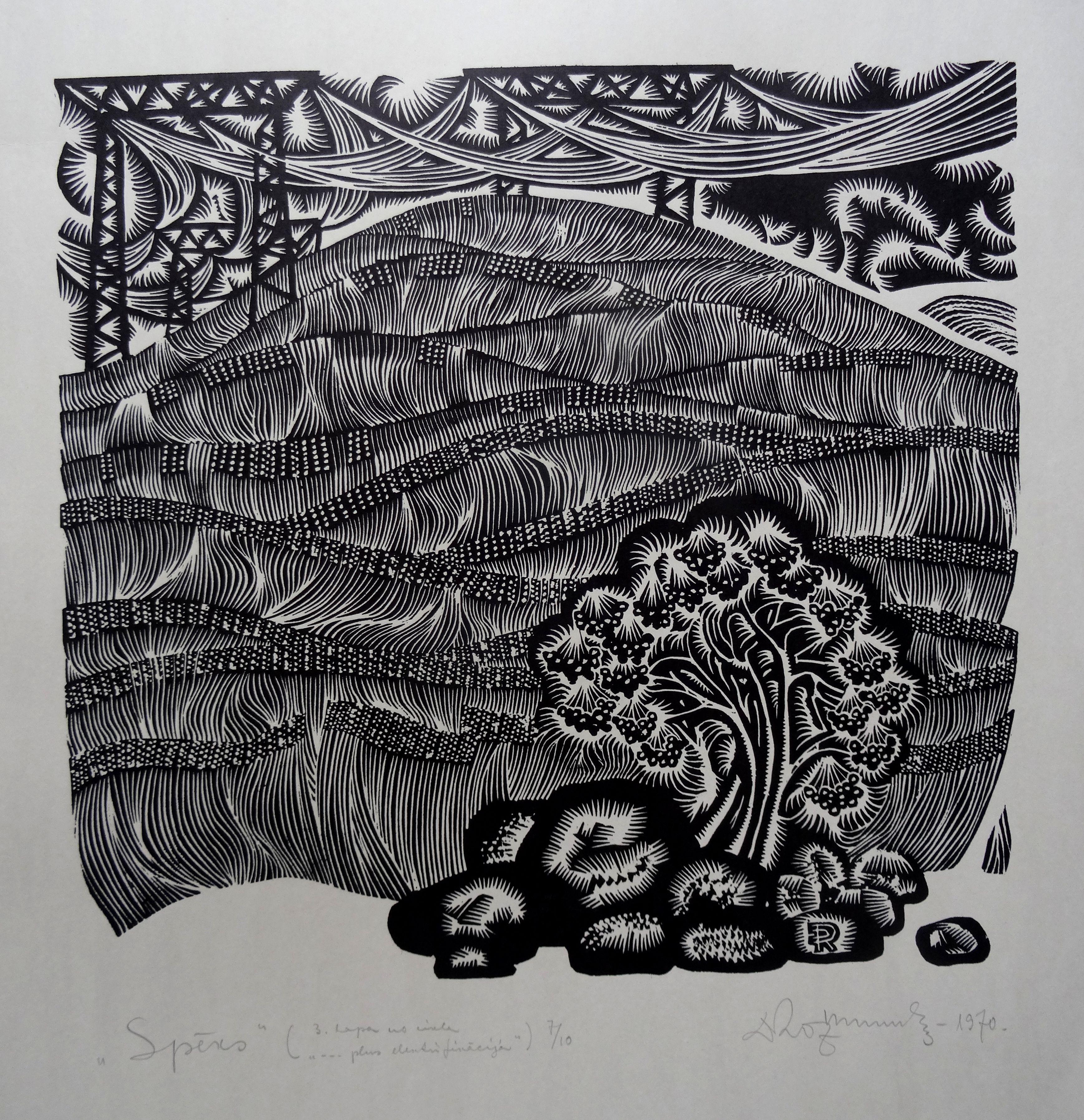 Dainis Rozkalns Abstract Print - Force. 1970, linocut, print size 50x53 cm; total 65x63 cm