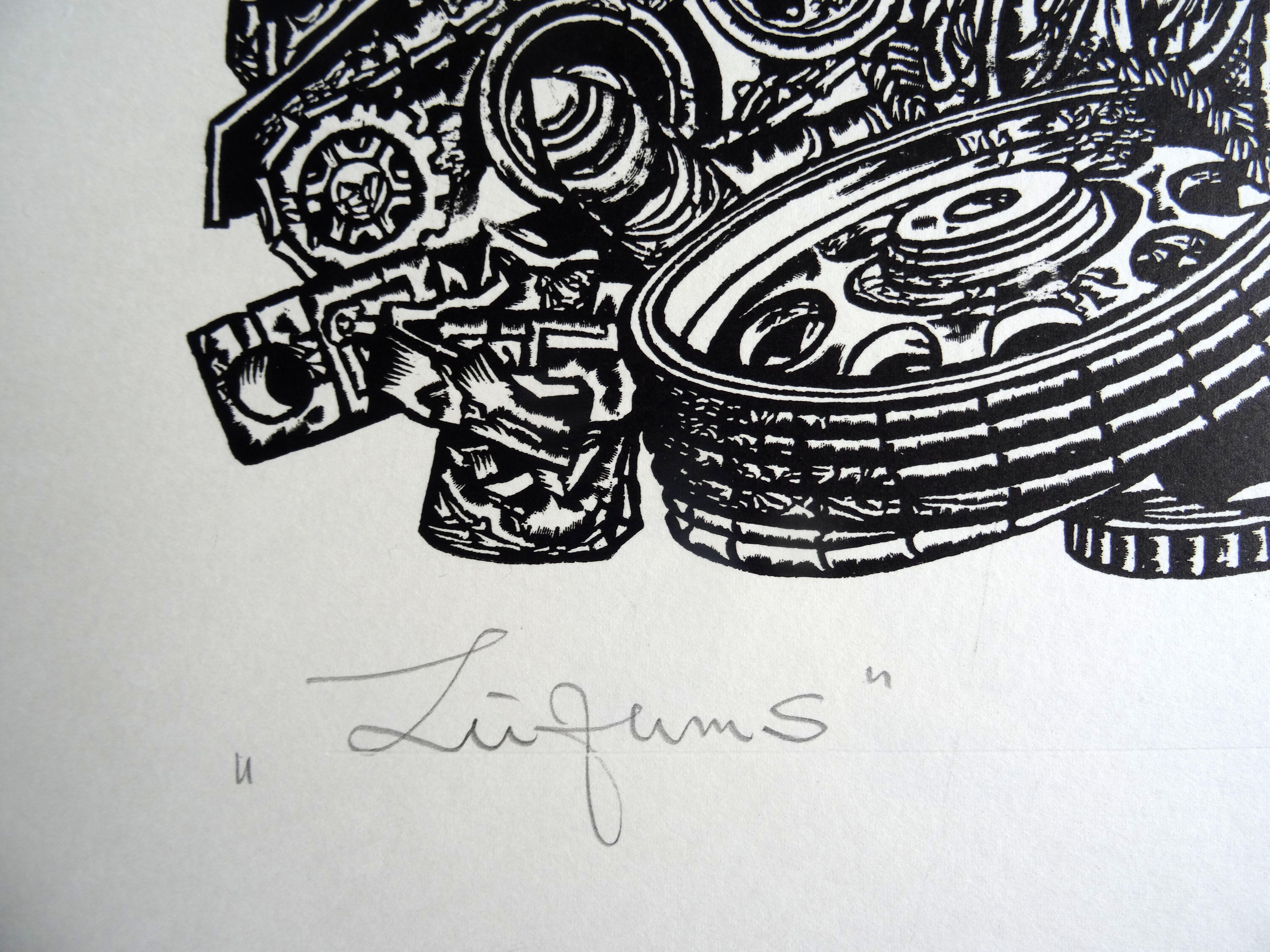 Fracture. 1984, Linolschnitt, Druckgröße 47x58 cm; insgesamt 60x68 cm – Print von Dainis Rozkalns