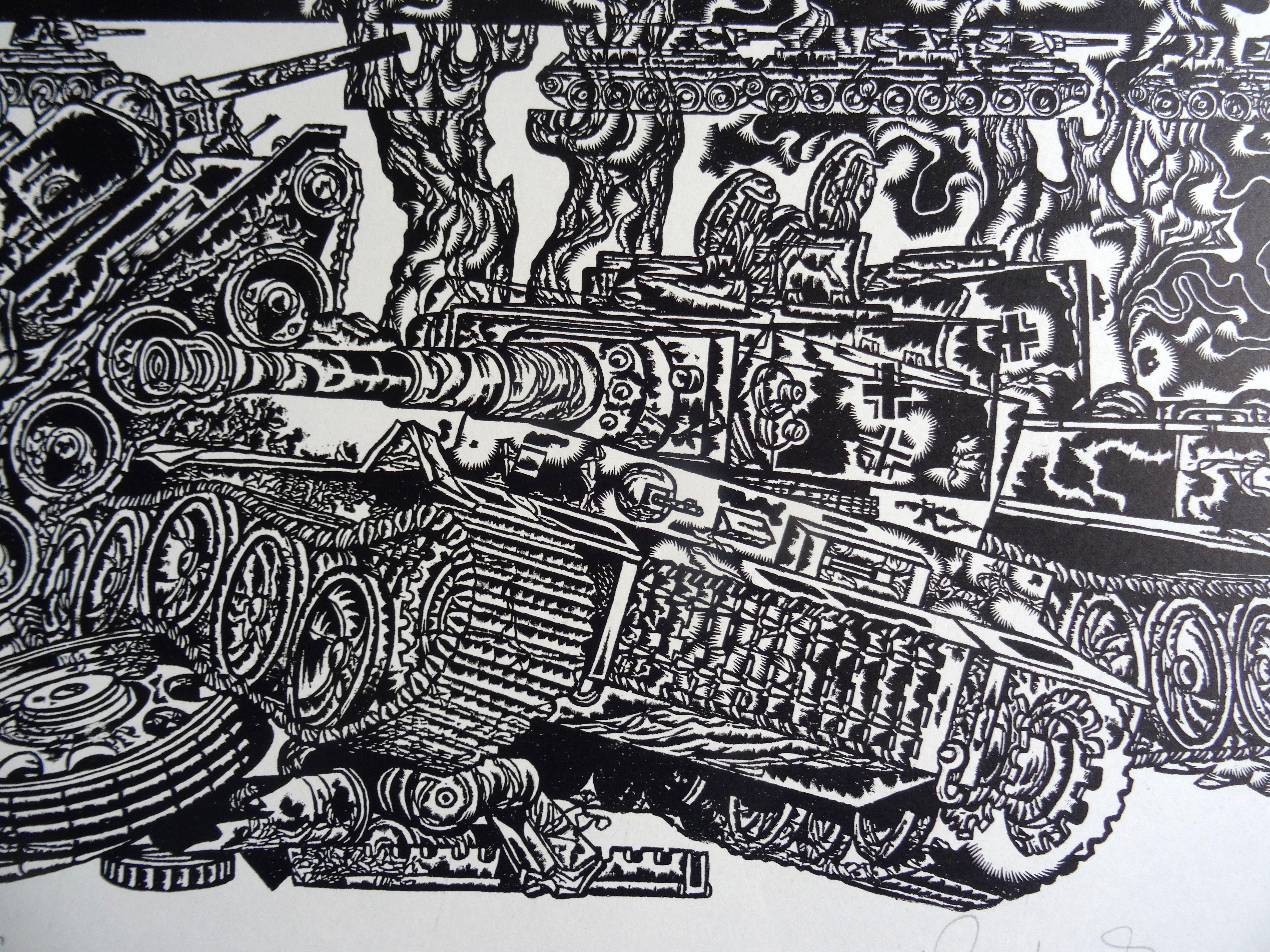 Fracture. 1984, linocut, print size 47x58 cm; total 60x68 cm - Gray Figurative Print by Dainis Rozkalns