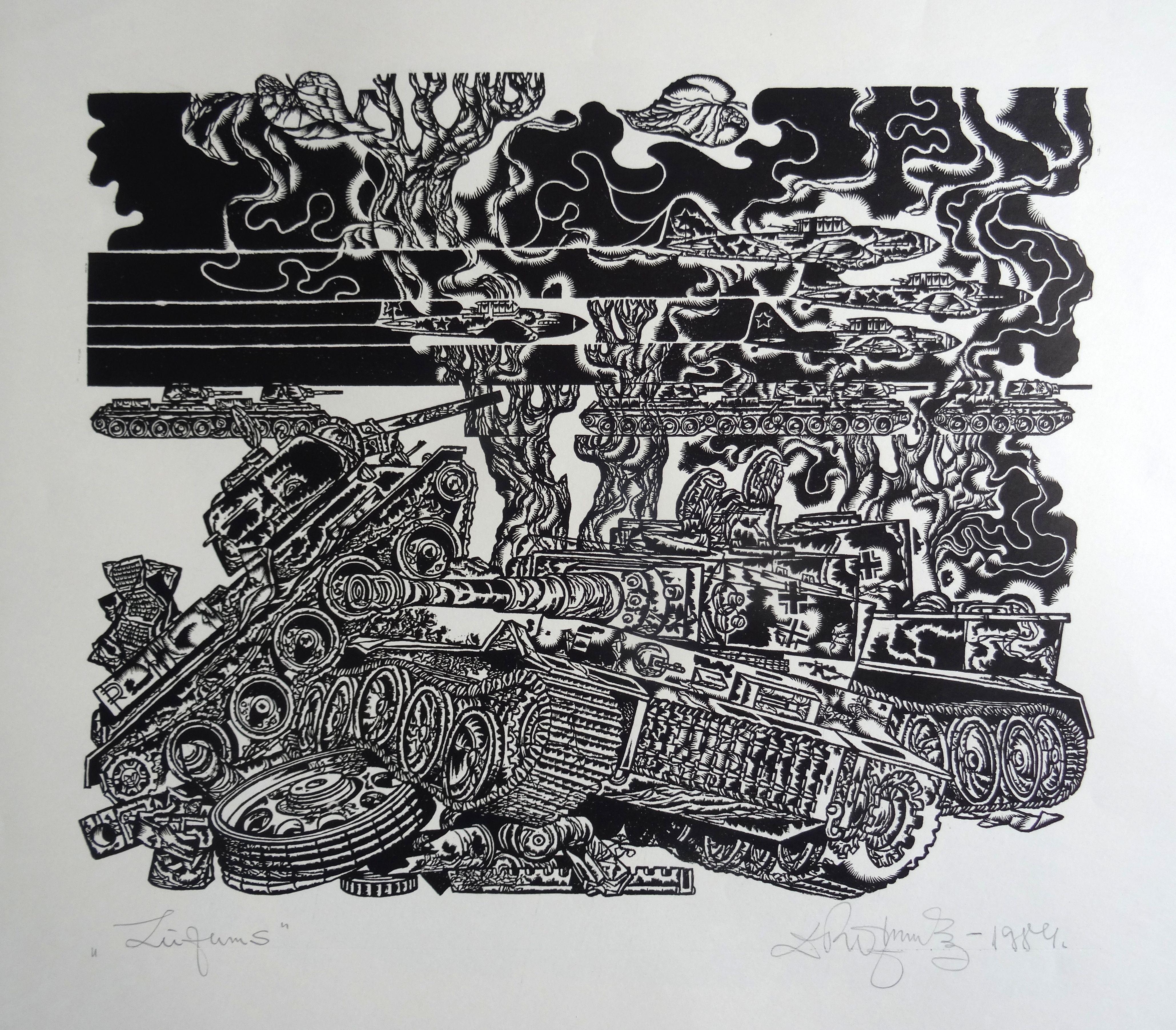 Dainis Rozkalns Figurative Print - Fracture. 1984, linocut, print size 47x58 cm; total 60x68 cm