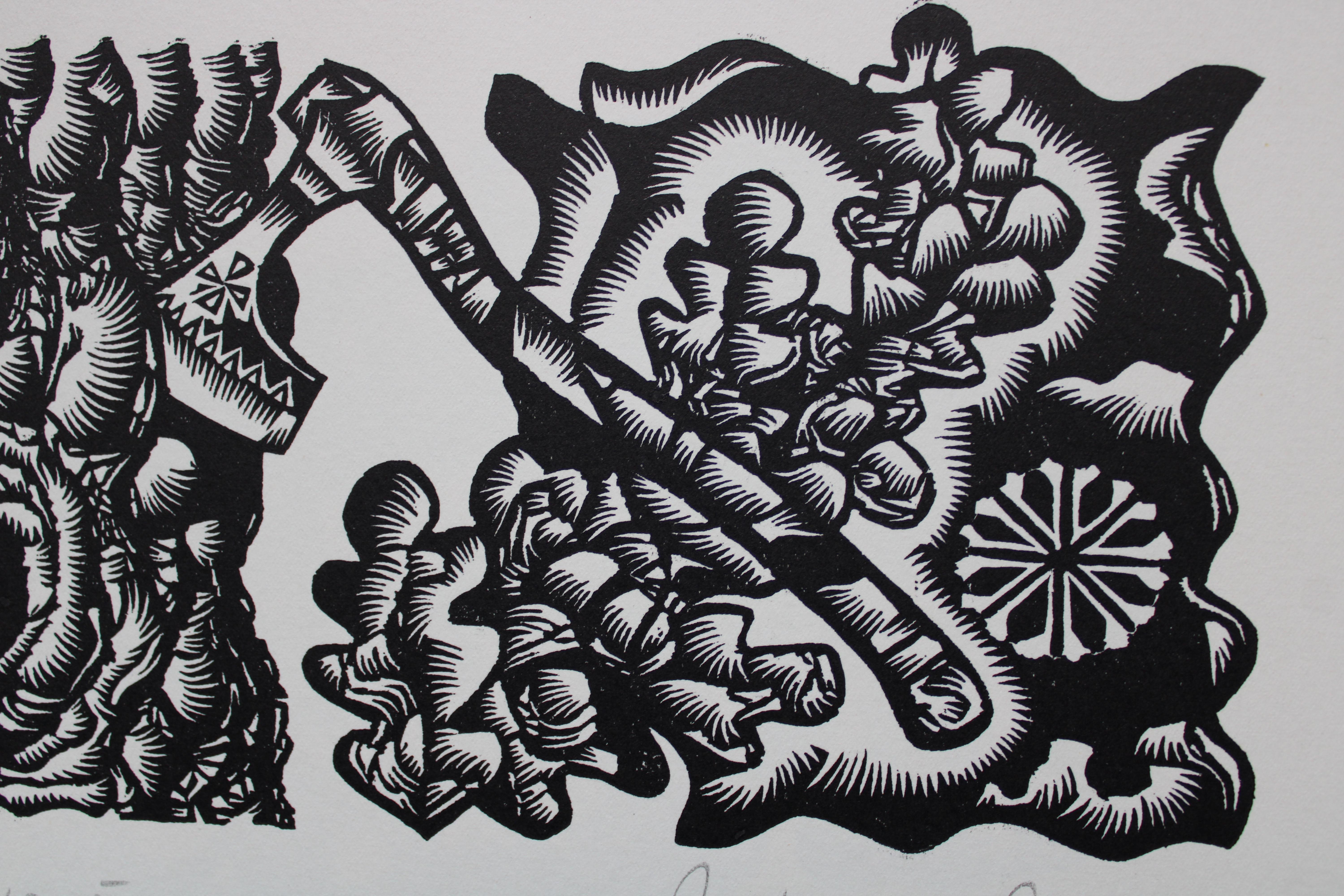 Going in battle. 1982. Paper, linocut, 25x34 cm - Folk Art Print by Dainis Rozkalns