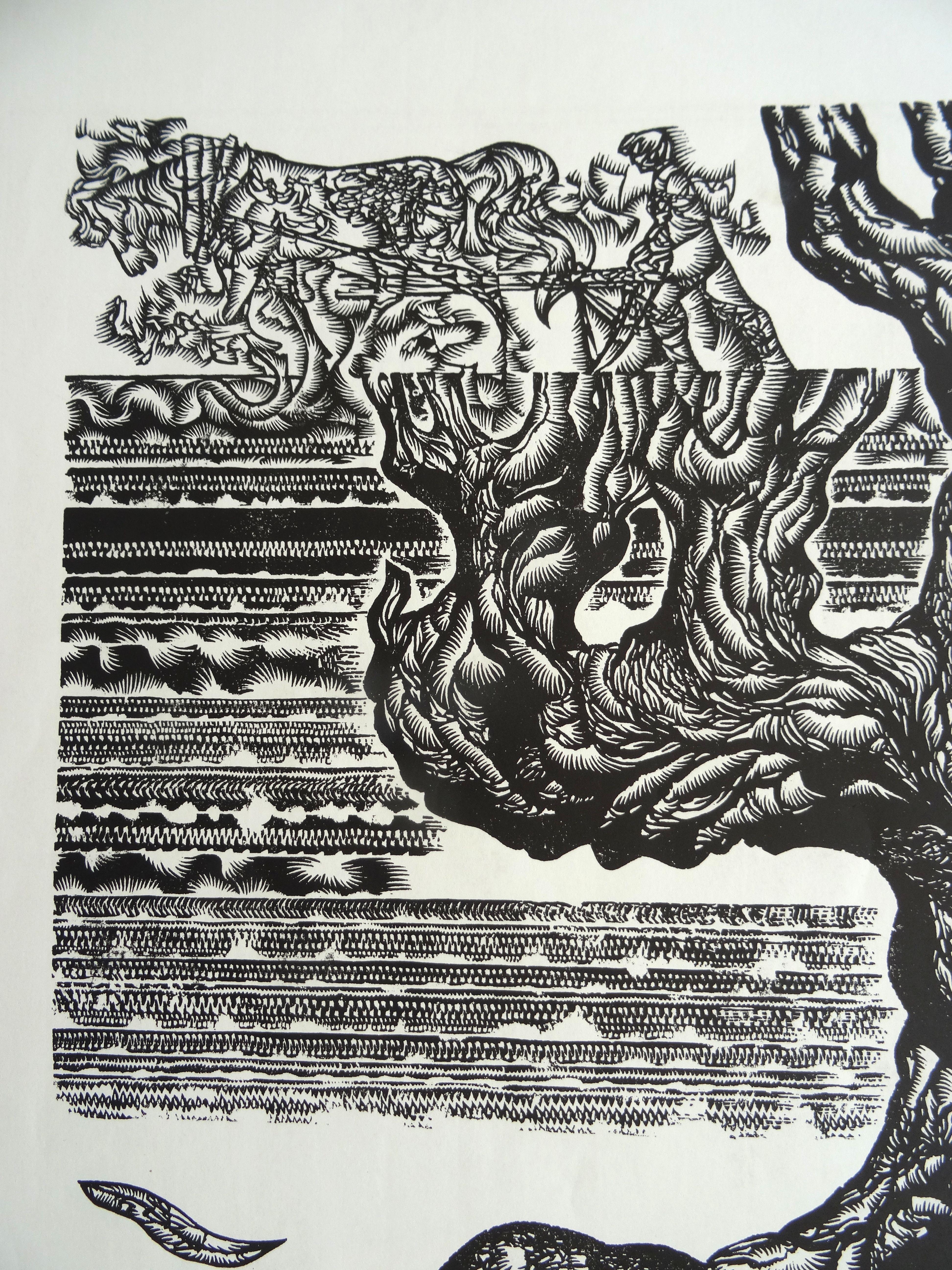 L'arbre du grand-père. 1982, papier, linogravure, taille de l'impression 50x55 cm ; total 65x65 cm - Print de Dainis Rozkalns
