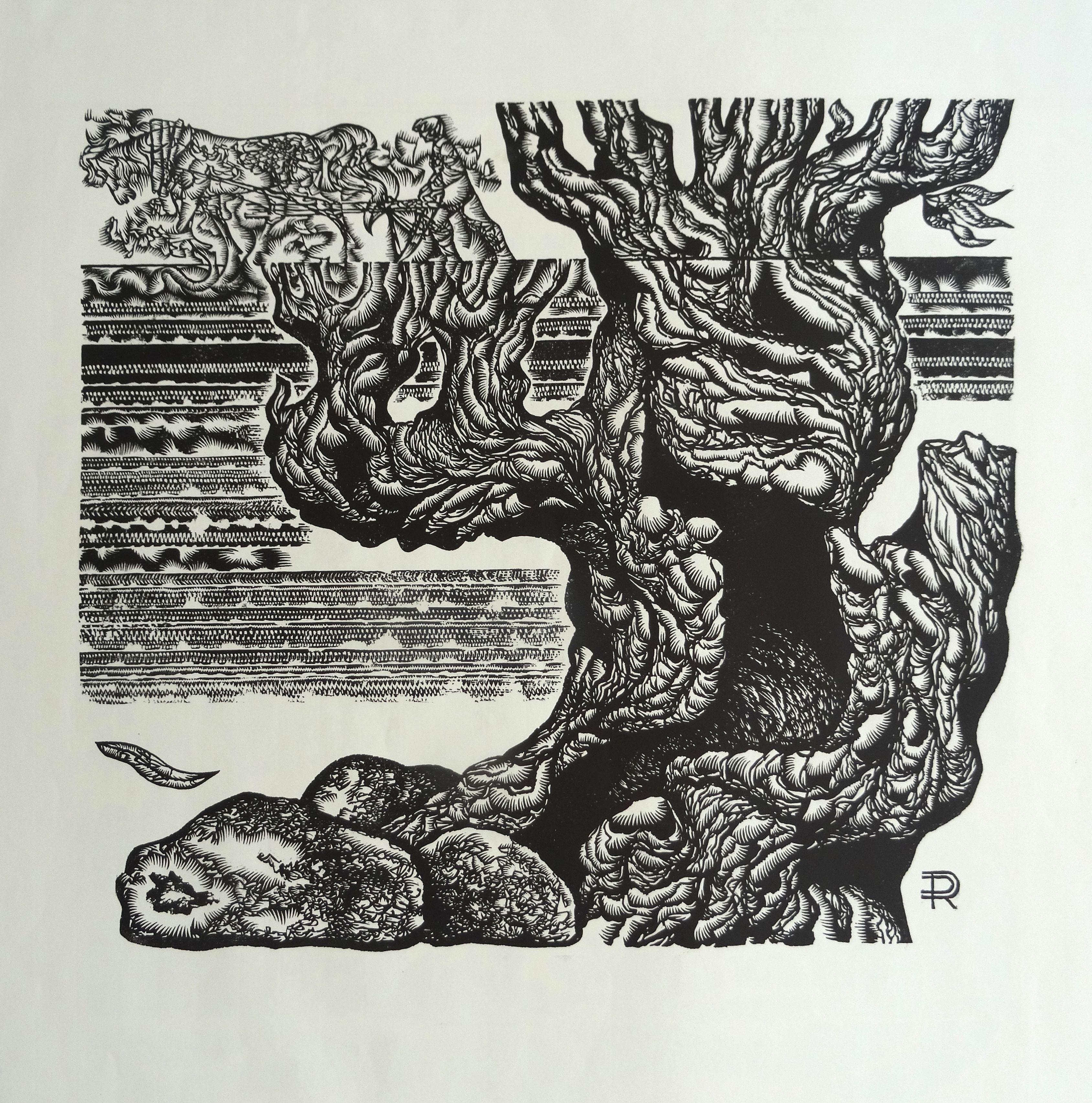 Landscape Print Dainis Rozkalns - L'arbre du grand-père. 1982, papier, linogravure, taille de l'impression 50x55 cm ; total 65x65 cm