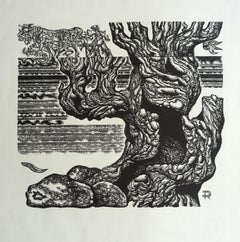Vintage Grandfather tree. 1982, Paper, linocut, print size 50x55 cm; total 65x65 cm
