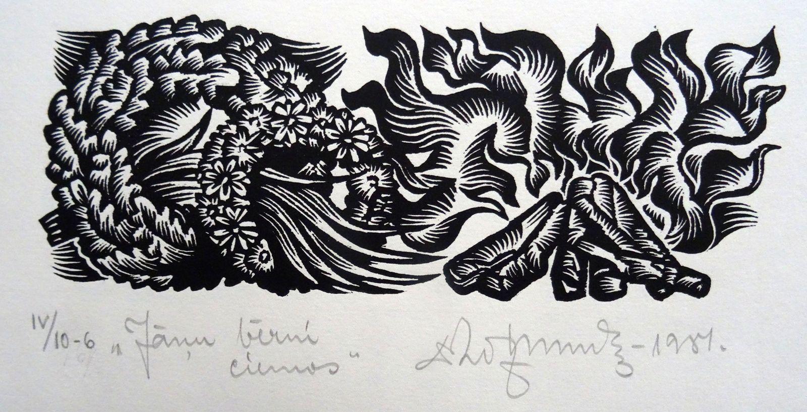 Ospiti del solstizio. 1984. Carta, linoleografia, 20x34 cm