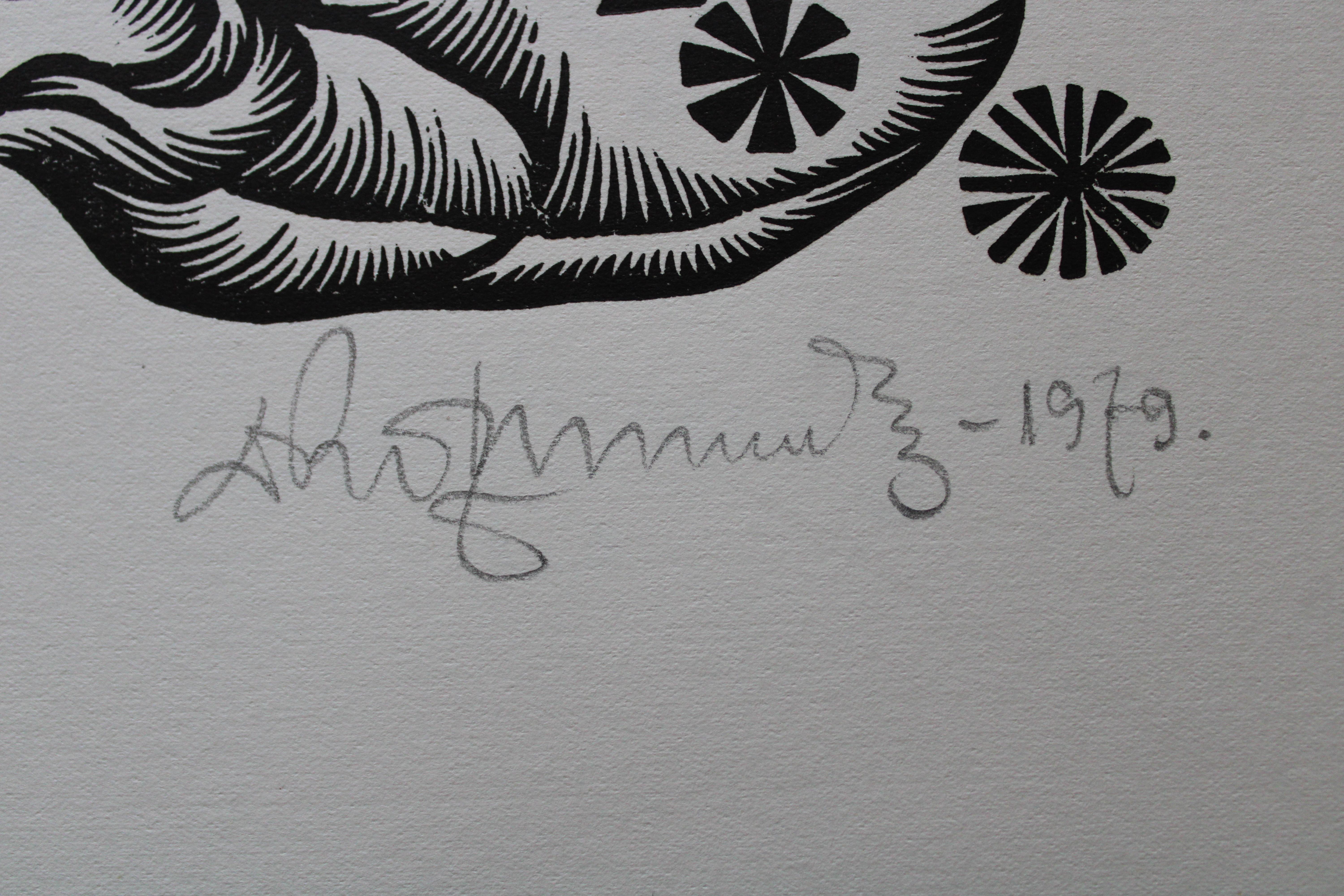 Herde. 1979. Papier, Linolschnitt, 19x33 cm (Grau), Animal Print, von Dainis Rozkalns