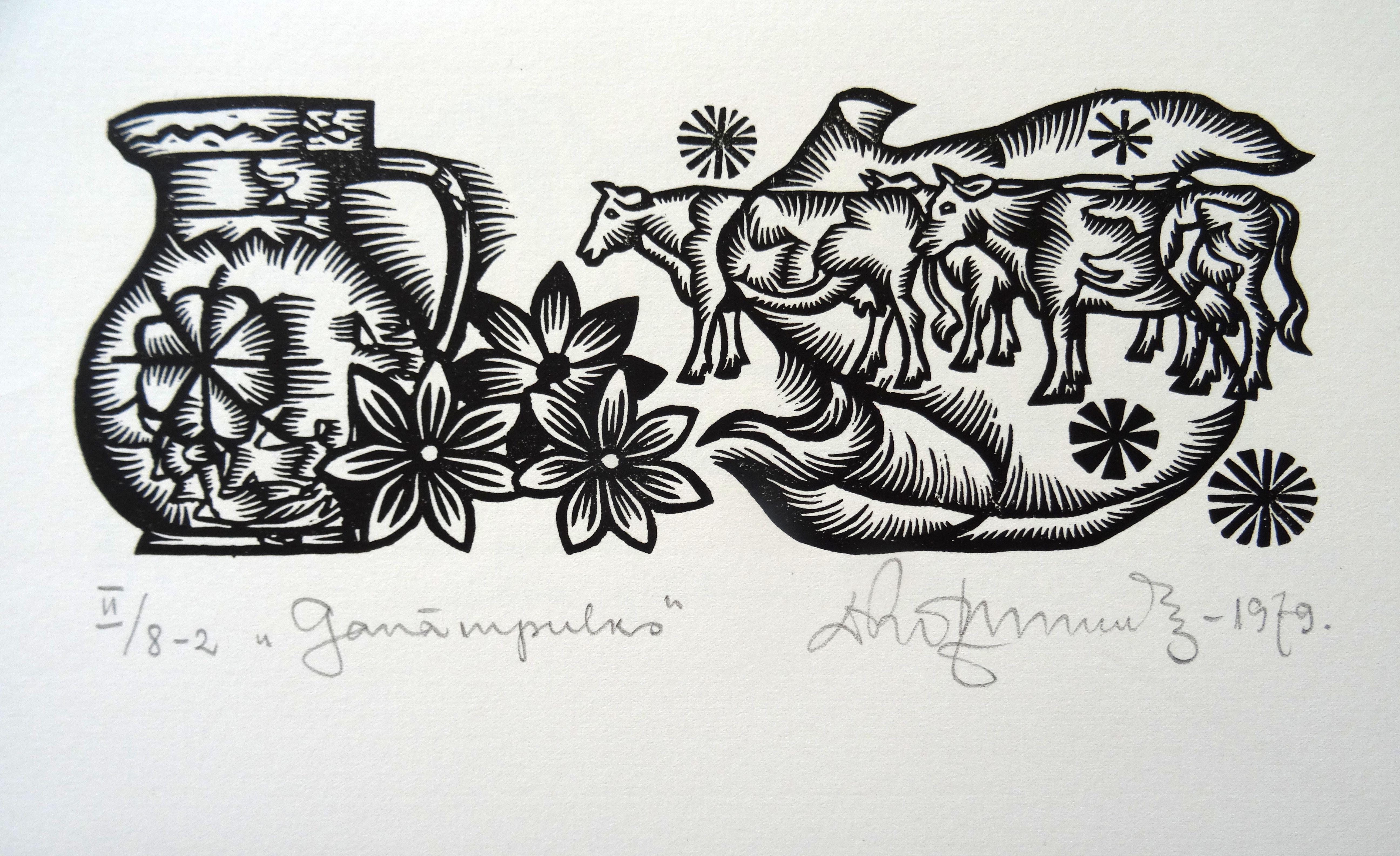 Dainis Rozkalns Animal Print - Herd. 1979. Paper, linocut, 19x33 cm