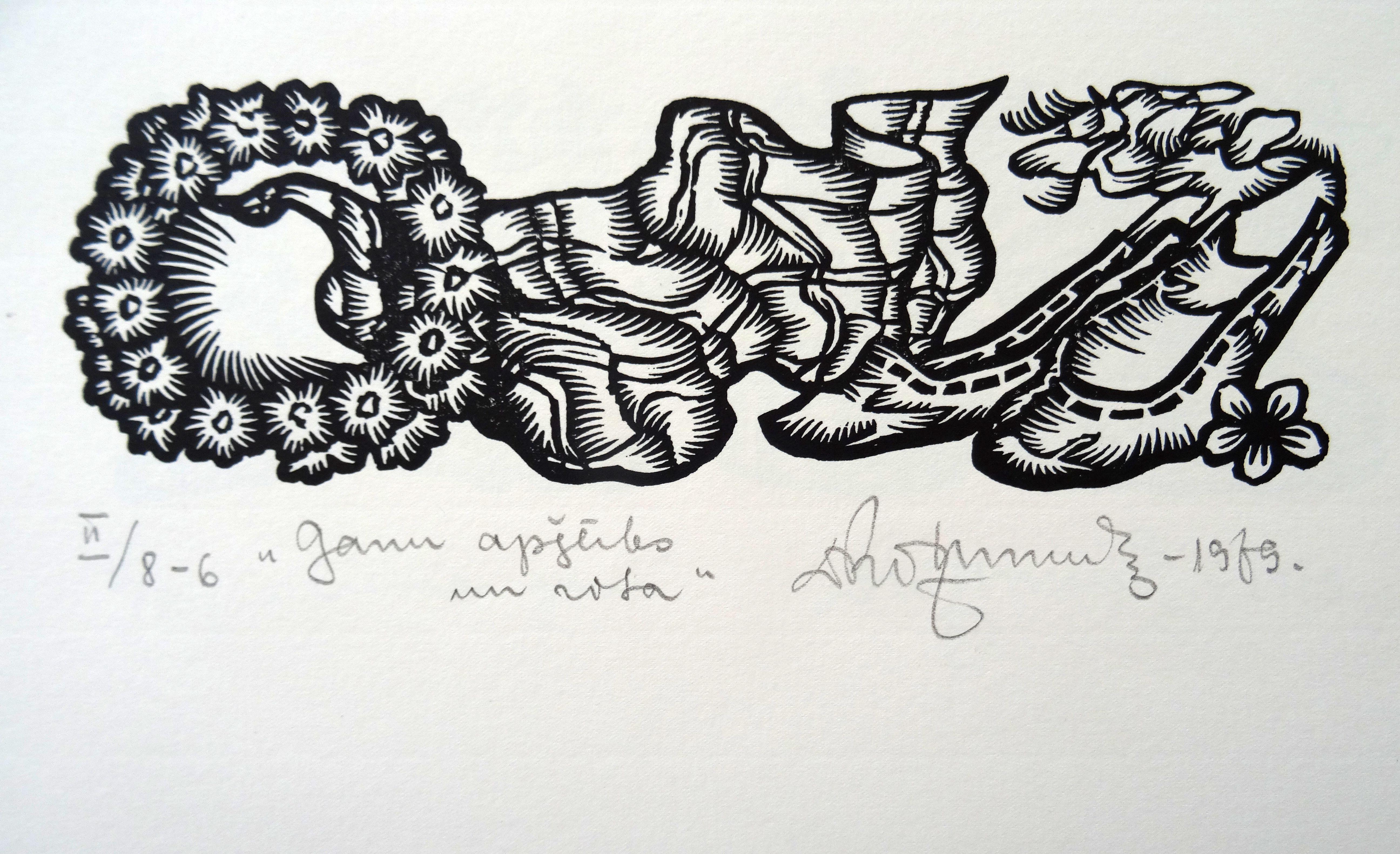 Dainis Rozkalns Still-Life Print - Herdsman's clothes and  adornment. 1979. Paper, linocut, 19x33 cm