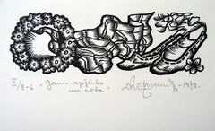 Vêtements de bergers et  la parure. 1979. Papier, linogravure, 19x33 cm