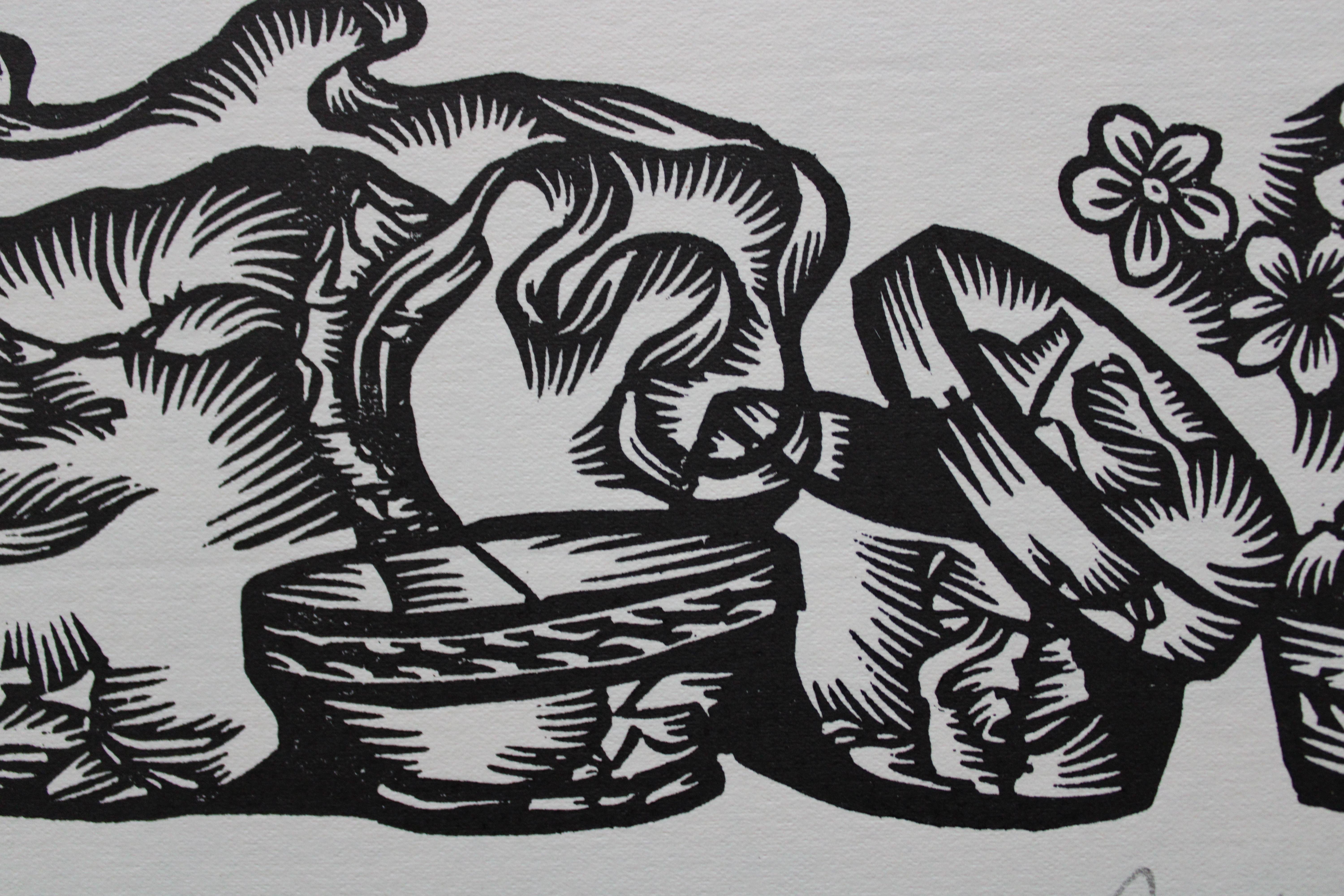 Il cibo dei pastori. 1979. Carta, linoleografia, 19x33 cm - Print Arte popolare di Dainis Rozkalns