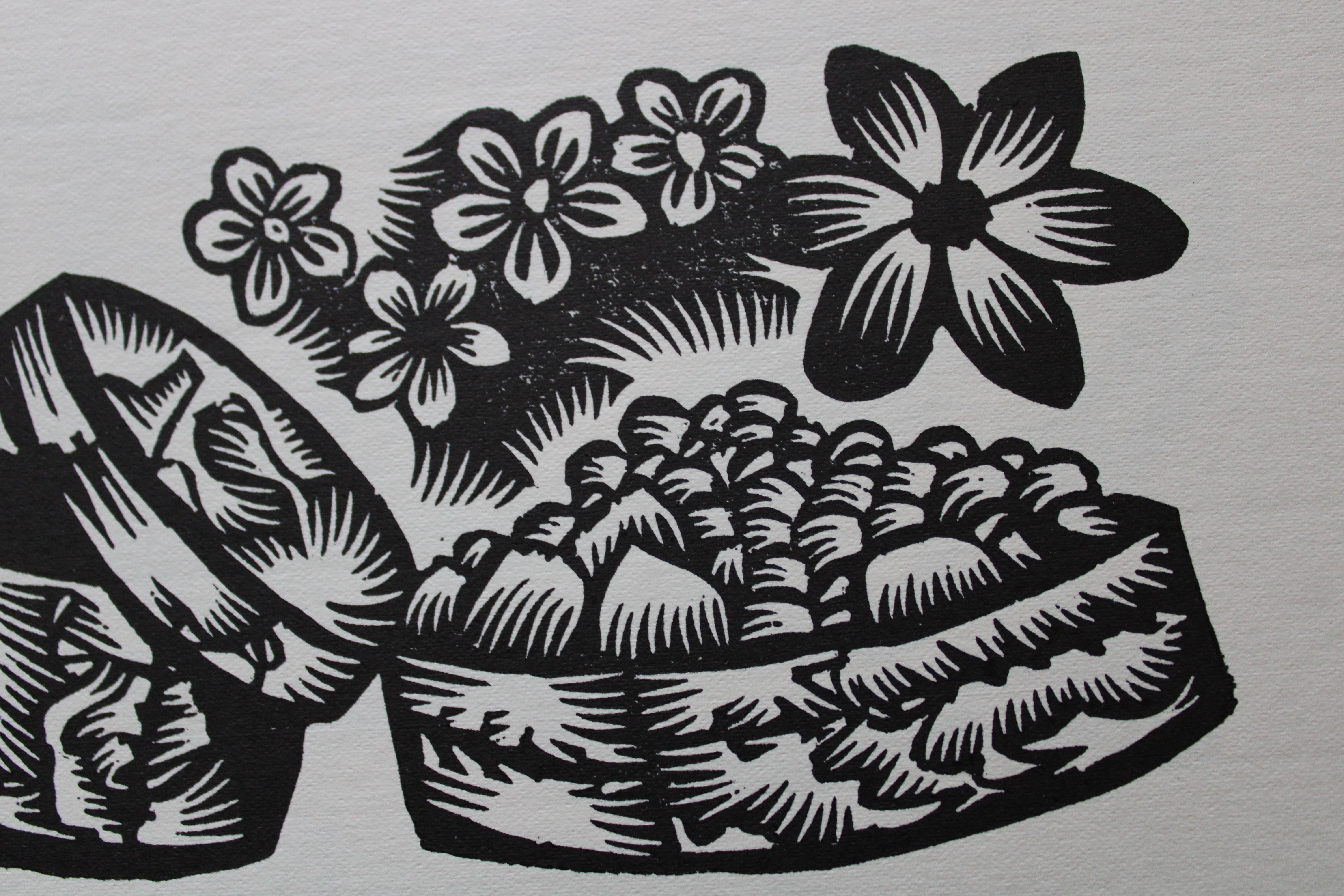 Il cibo dei pastori. 1979. Carta, linoleografia, 19x33 cm - Still-Life Print Grigio di Dainis Rozkalns