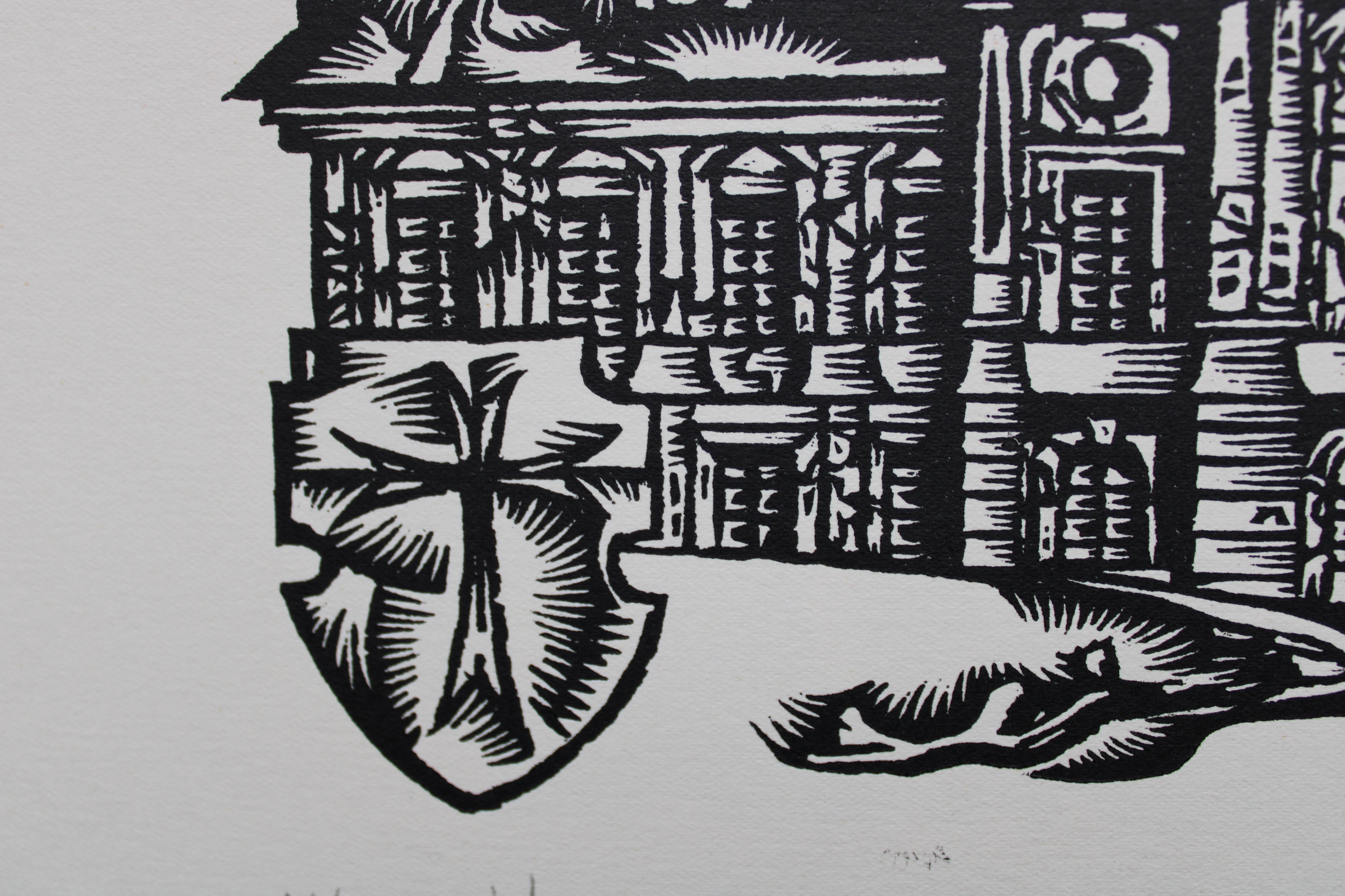 In der Sklaverei des Herrn und des Herrenhauses. 1982. Papier, Linolschnitt, 25x34 cm – Print von Dainis Rozkalns