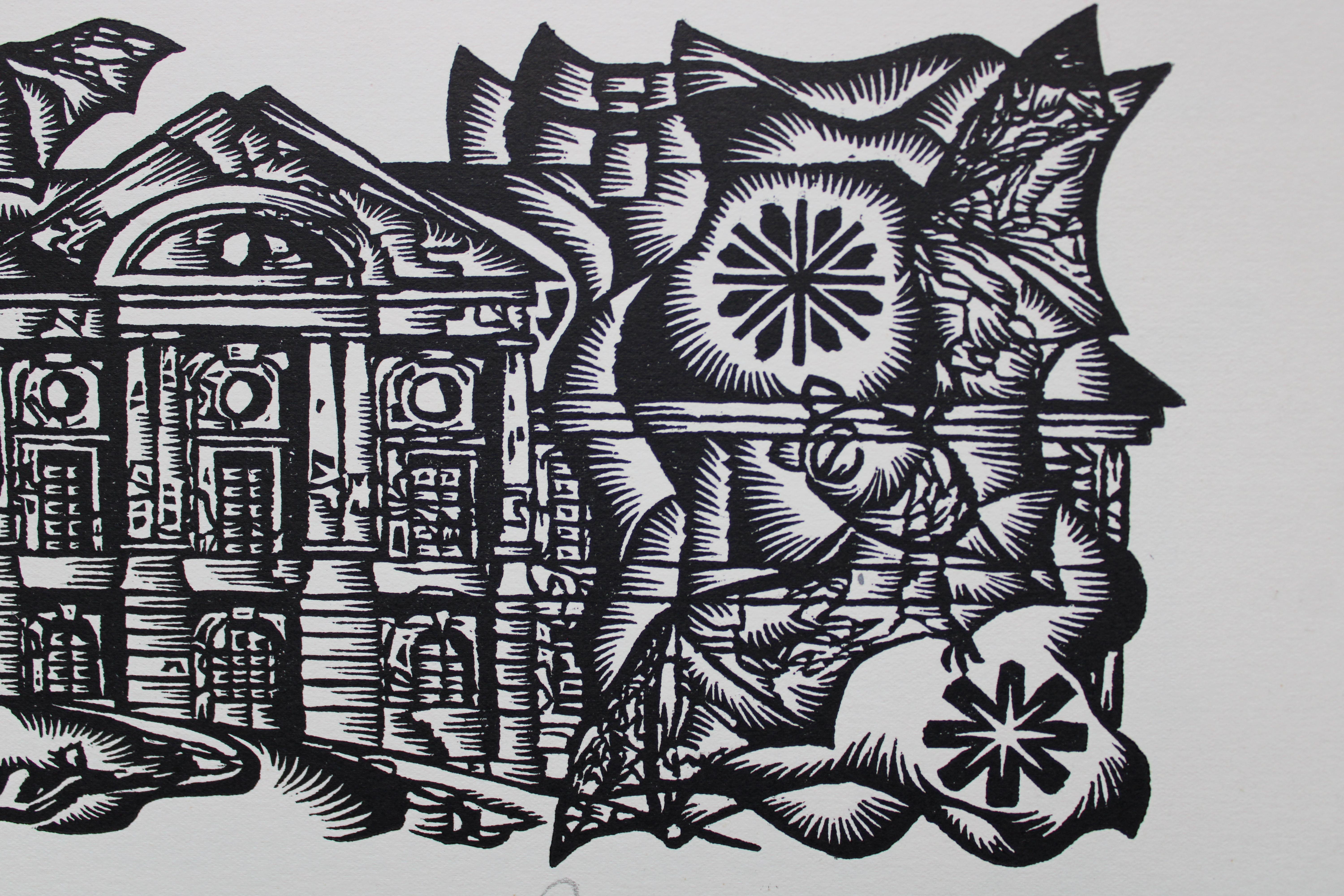 In slavery to the lord and manor. 1982. Paper, linocut, 25x34 cm - Gray Animal Print by Dainis Rozkalns