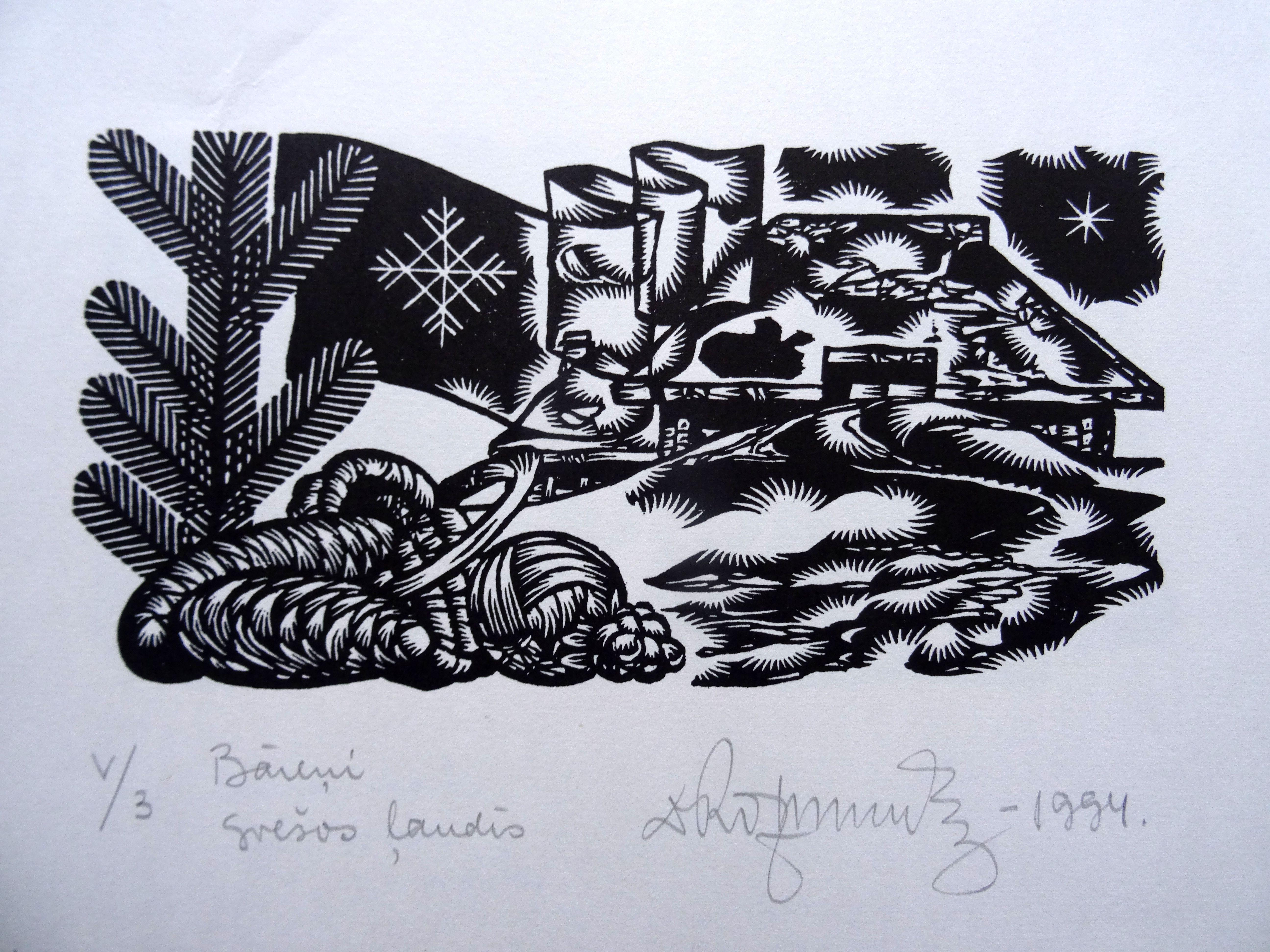 Dainis Rozkalns Print - In strangers. 1994. Paper, linocut, 25x33 cm