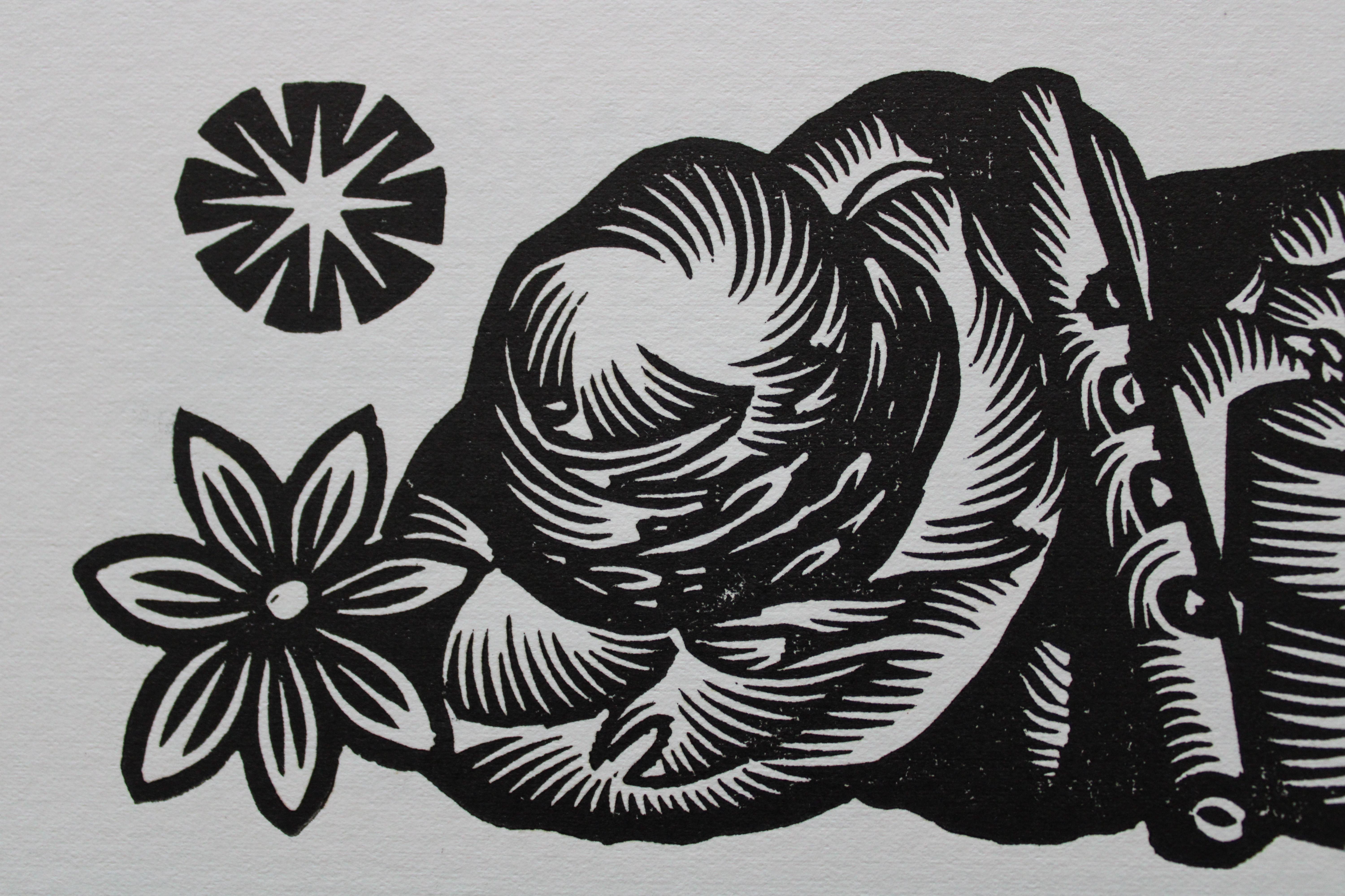 Joys, sorrows and difficulties of herdsman. 1979. Paper, linocut, 19x33 cm - Print by Dainis Rozkalns