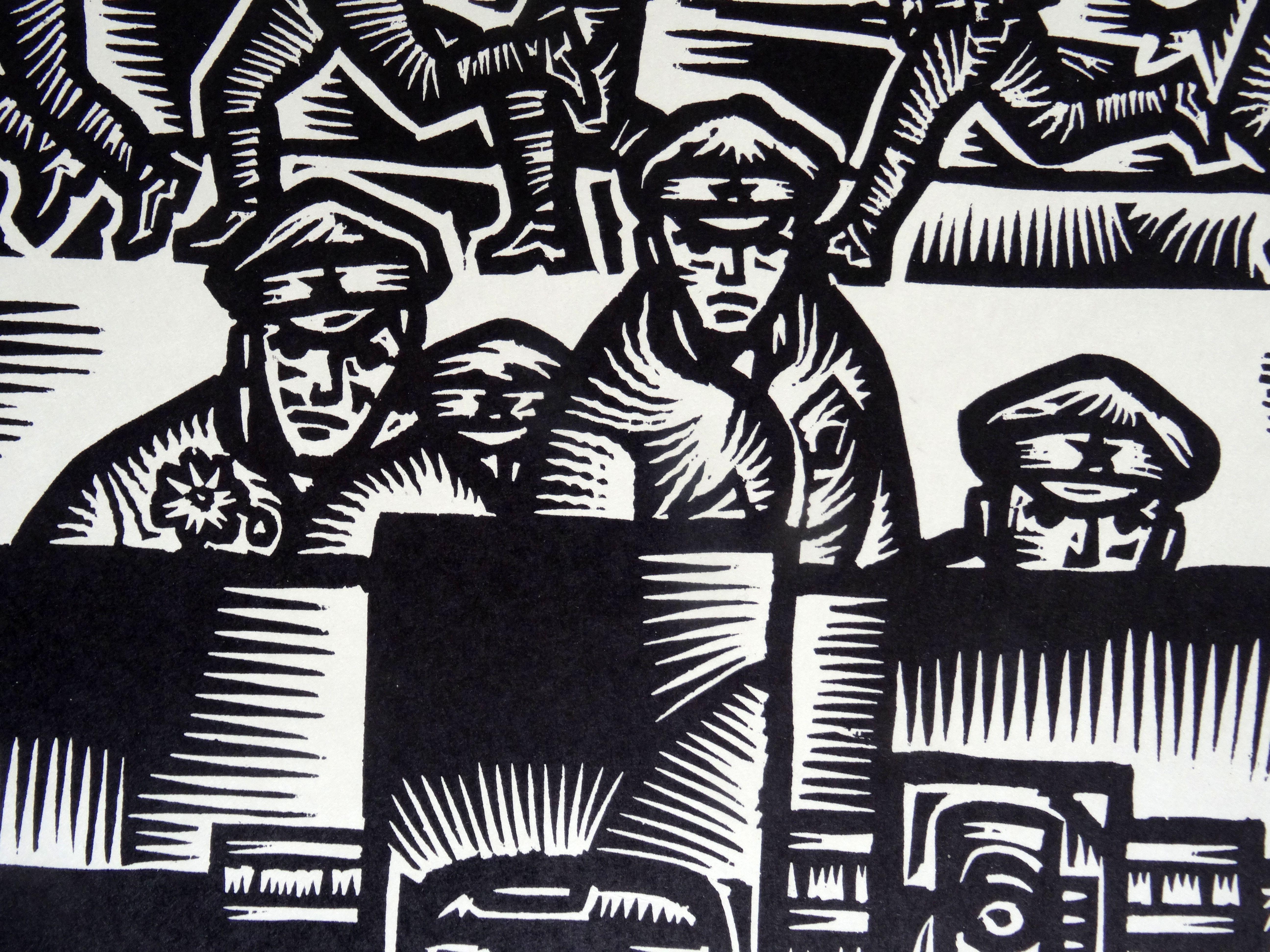 July 7, 1918. Riflemen. 1972, linocut, print size 48x50 cm; total 60x58 cm - Gray Figurative Print by Dainis Rozkalns