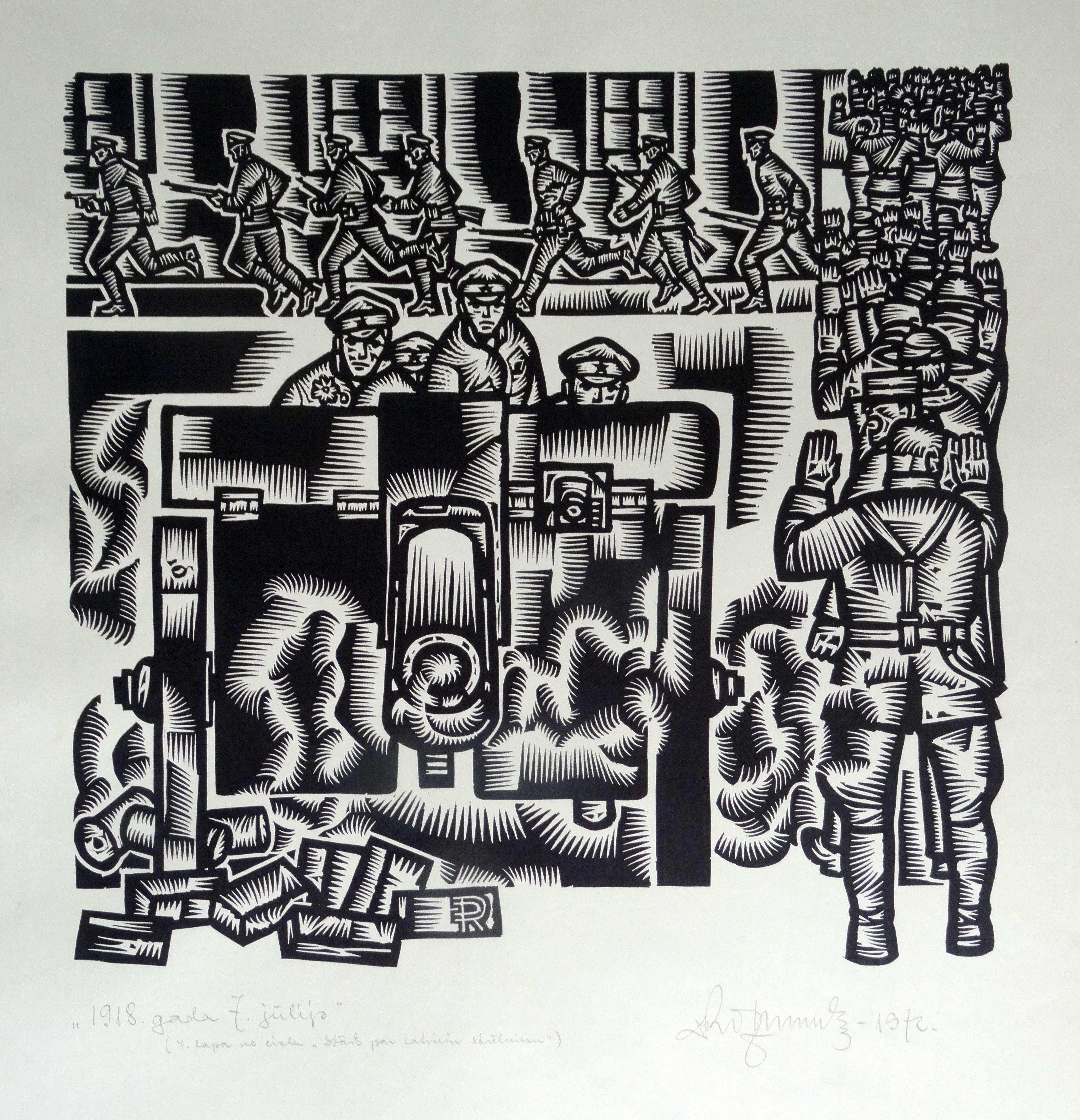 July 7, 1918. Riflemen. 1972, linocut, print size 48x50 cm; total 60x58 cm