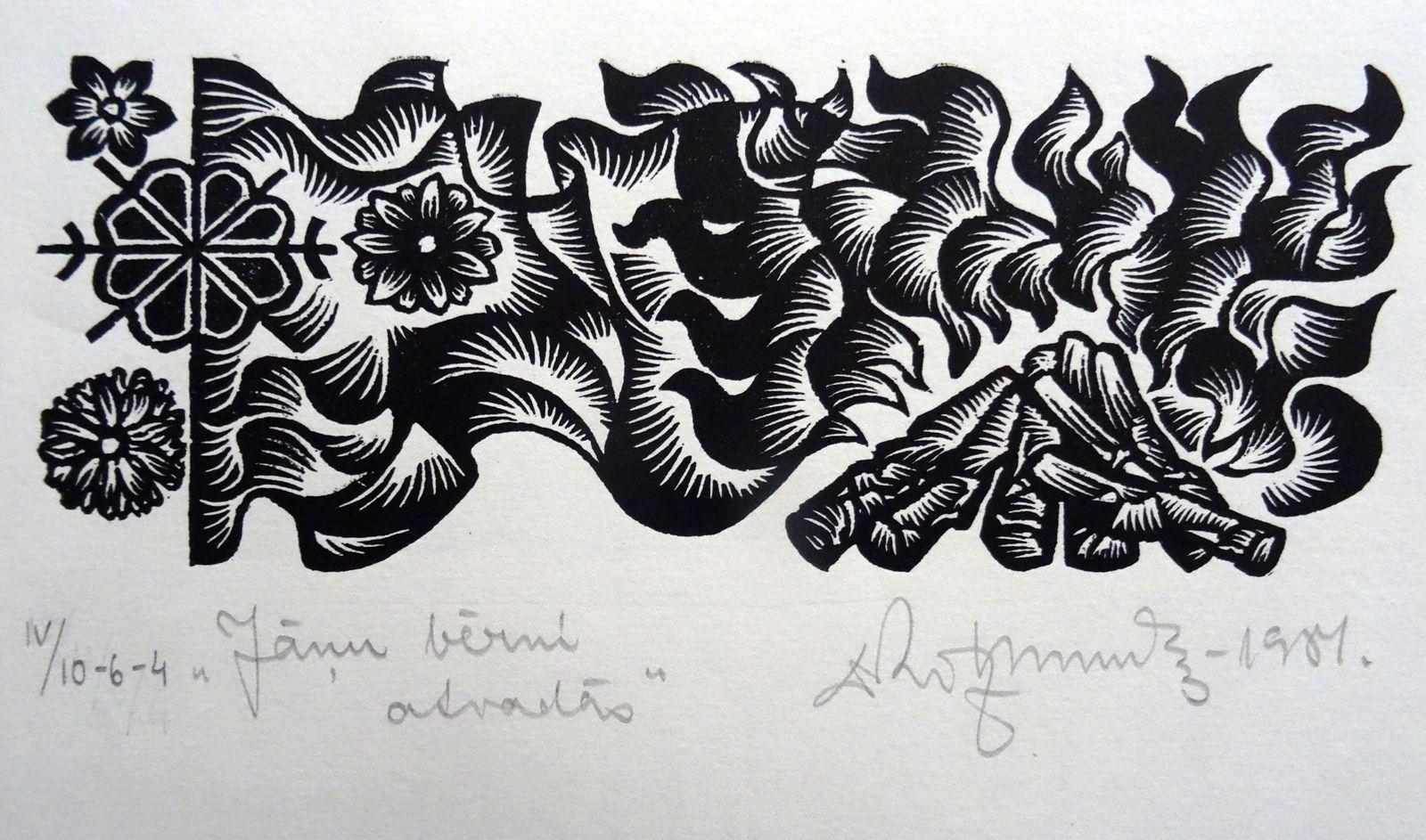 Dainis Rozkalns Landscape Print - Kids of solstice. 1984. Paper, linocut, 20x34 cm