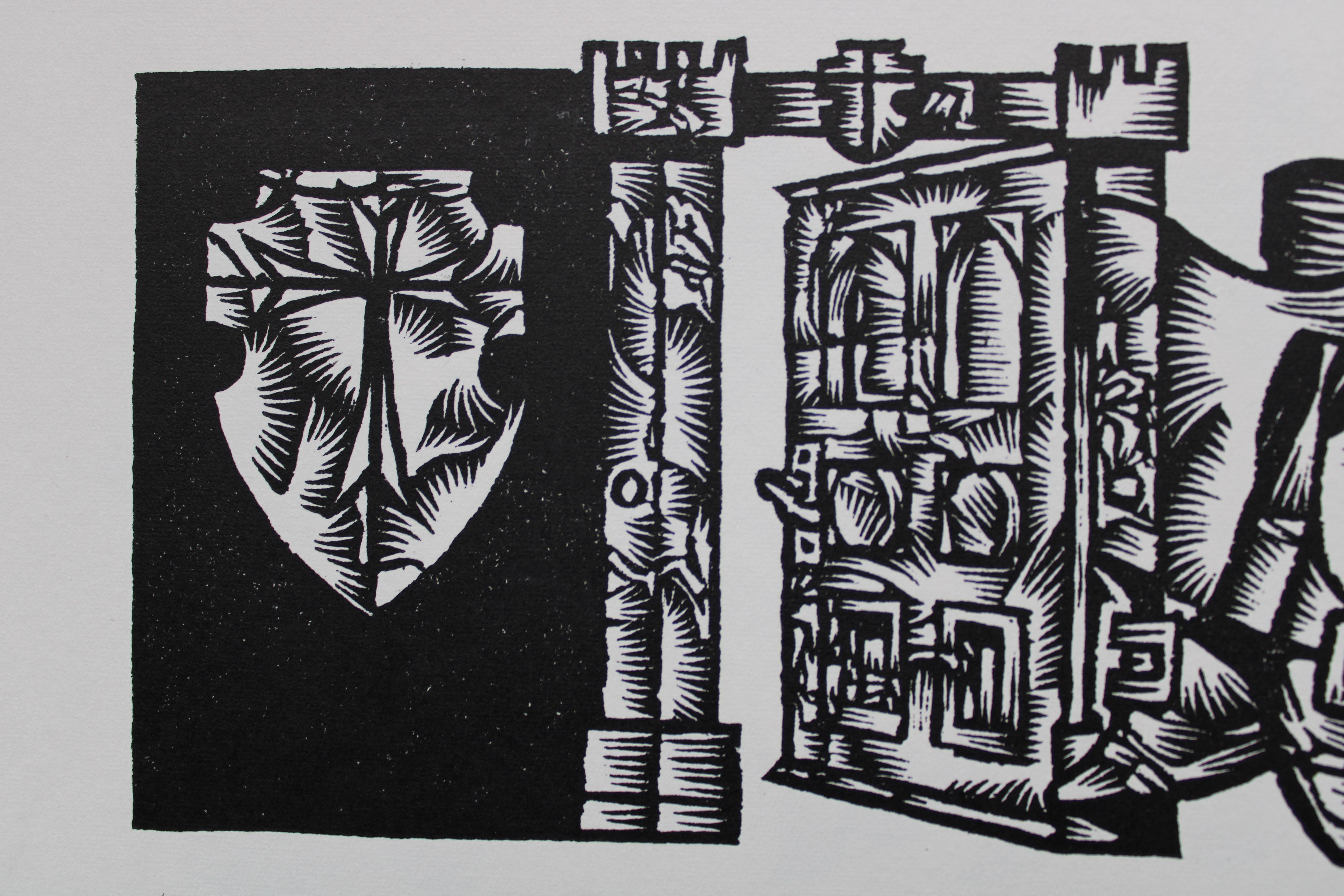 Life in manor. 1982. Paper, linocut, 20x34 cm - Print by Dainis Rozkalns