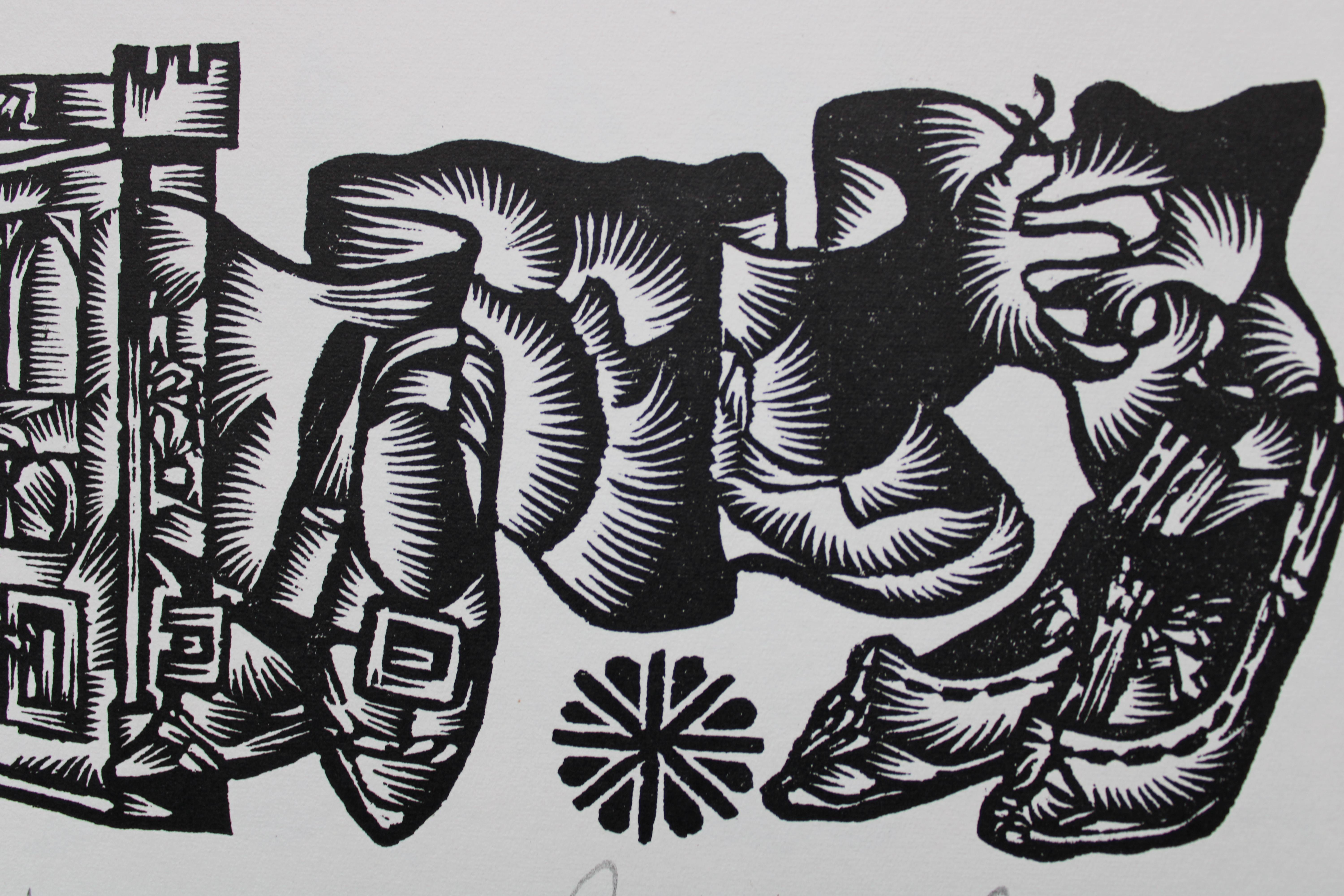 La vida en la mansión. 1982. Papel, linograbado, 20x34 cm - Print Arte popular de Dainis Rozkalns