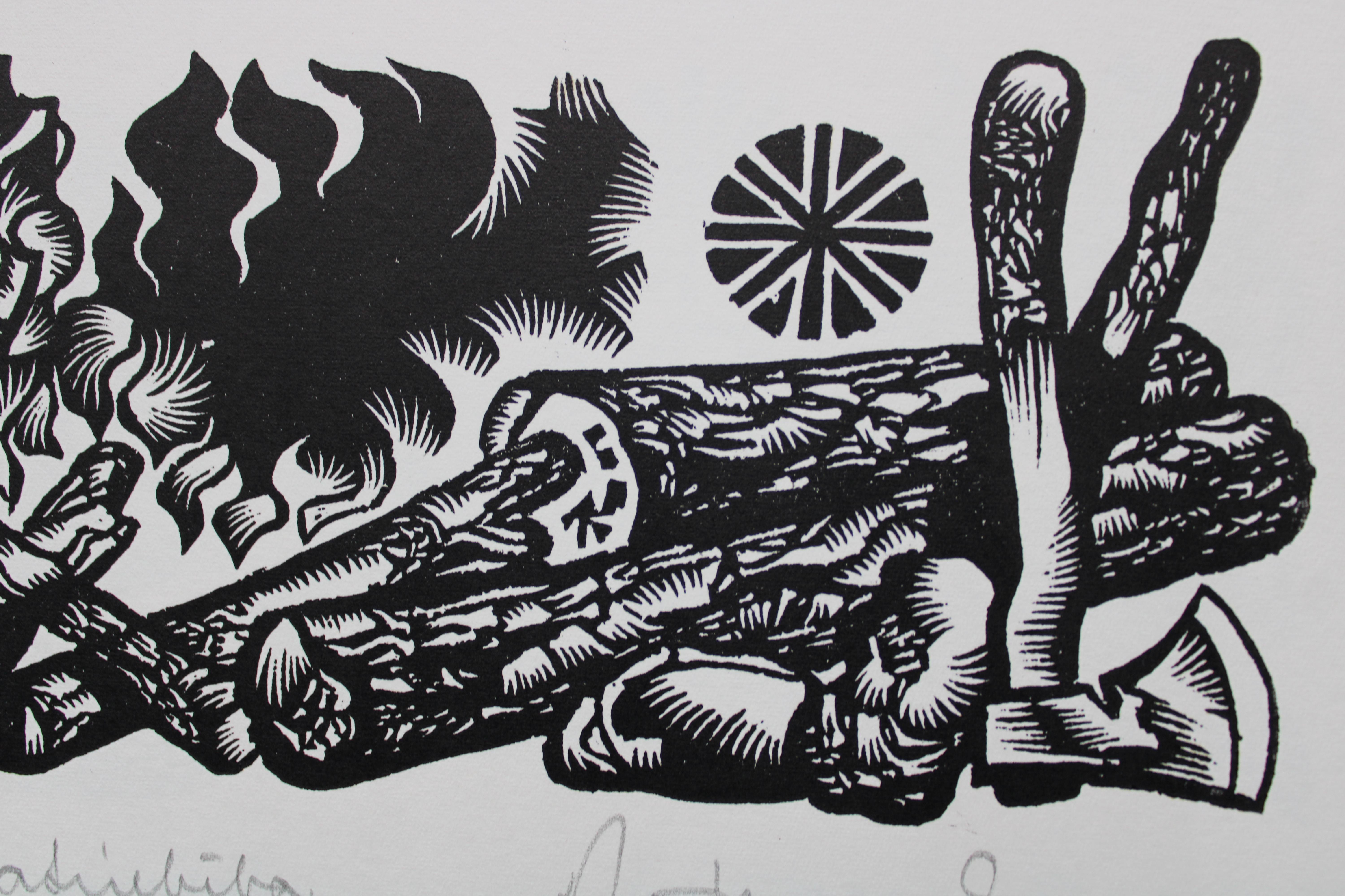 Explotación forestal. 1982. Papel, linograbado, 20x34 cm - Print de Dainis Rozkalns