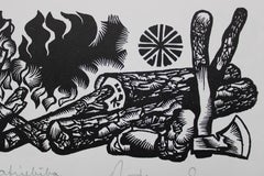 Explotación forestal. 1982. Papel, linograbado, 20x34 cm