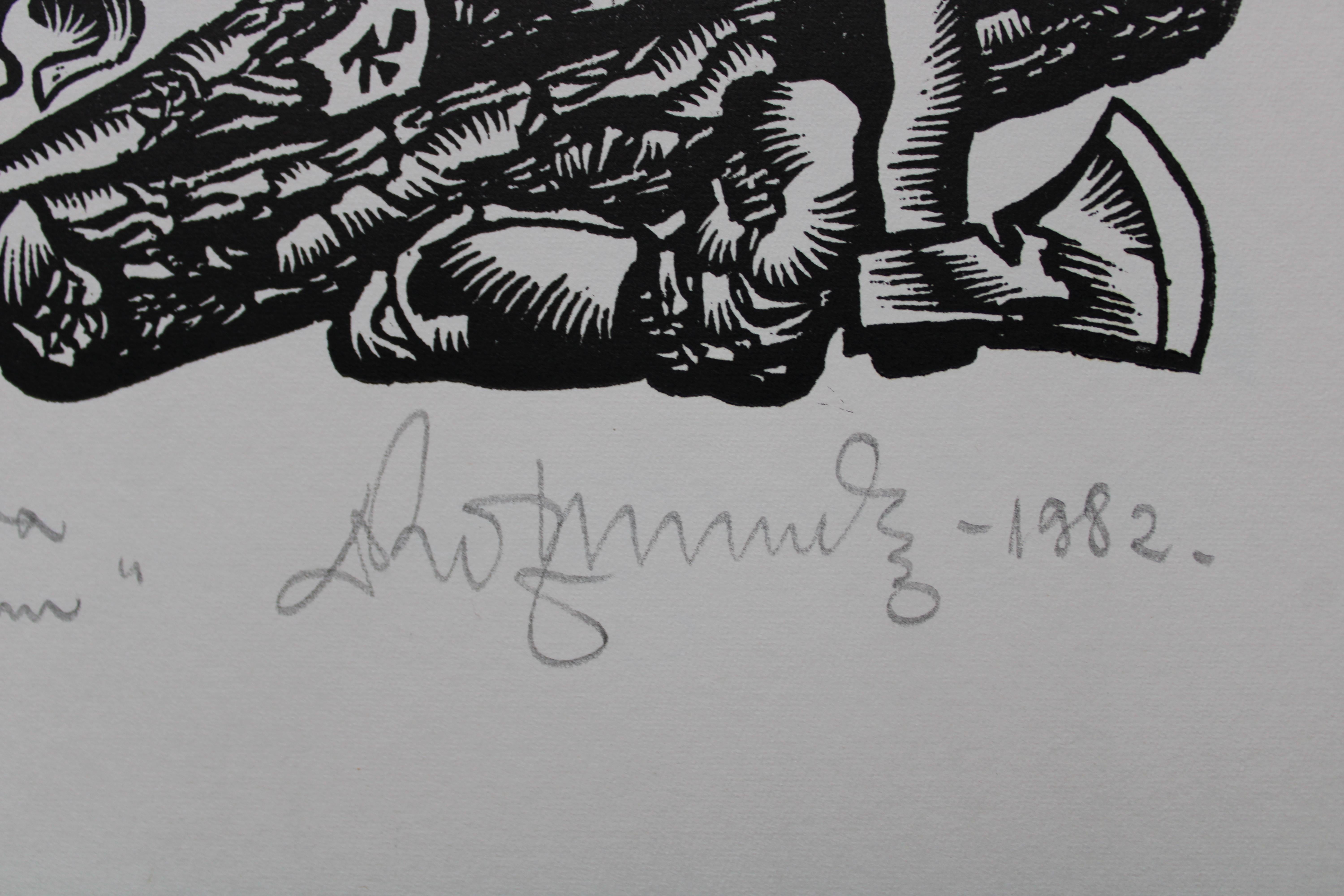Explotación forestal. 1982. Papel, linograbado, 20x34 cm - Landscape Print Gris de Dainis Rozkalns