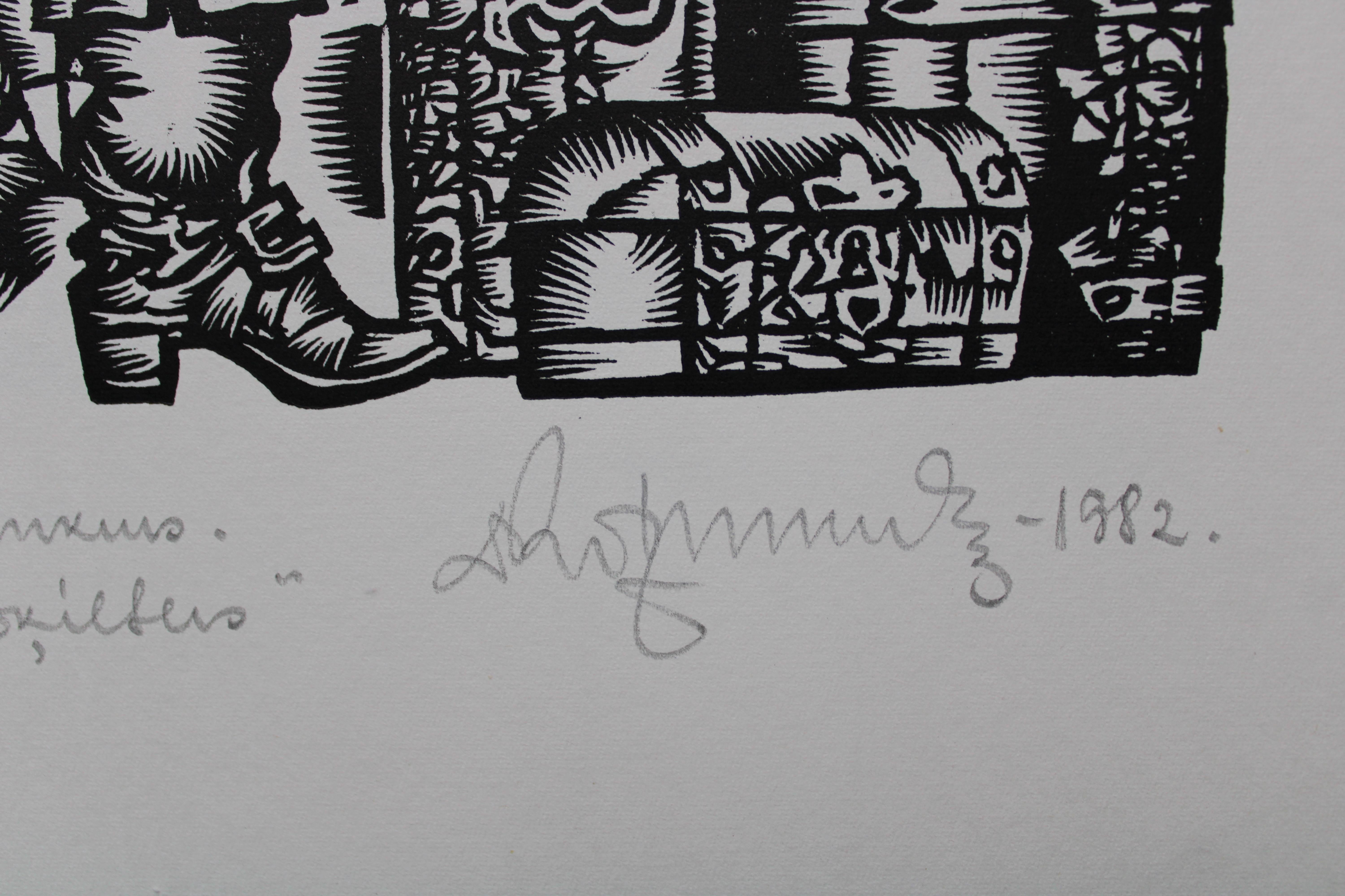 Il signore del maniero. 1982. Carta, linoleografia, 20x34 cm - Print di Dainis Rozkalns