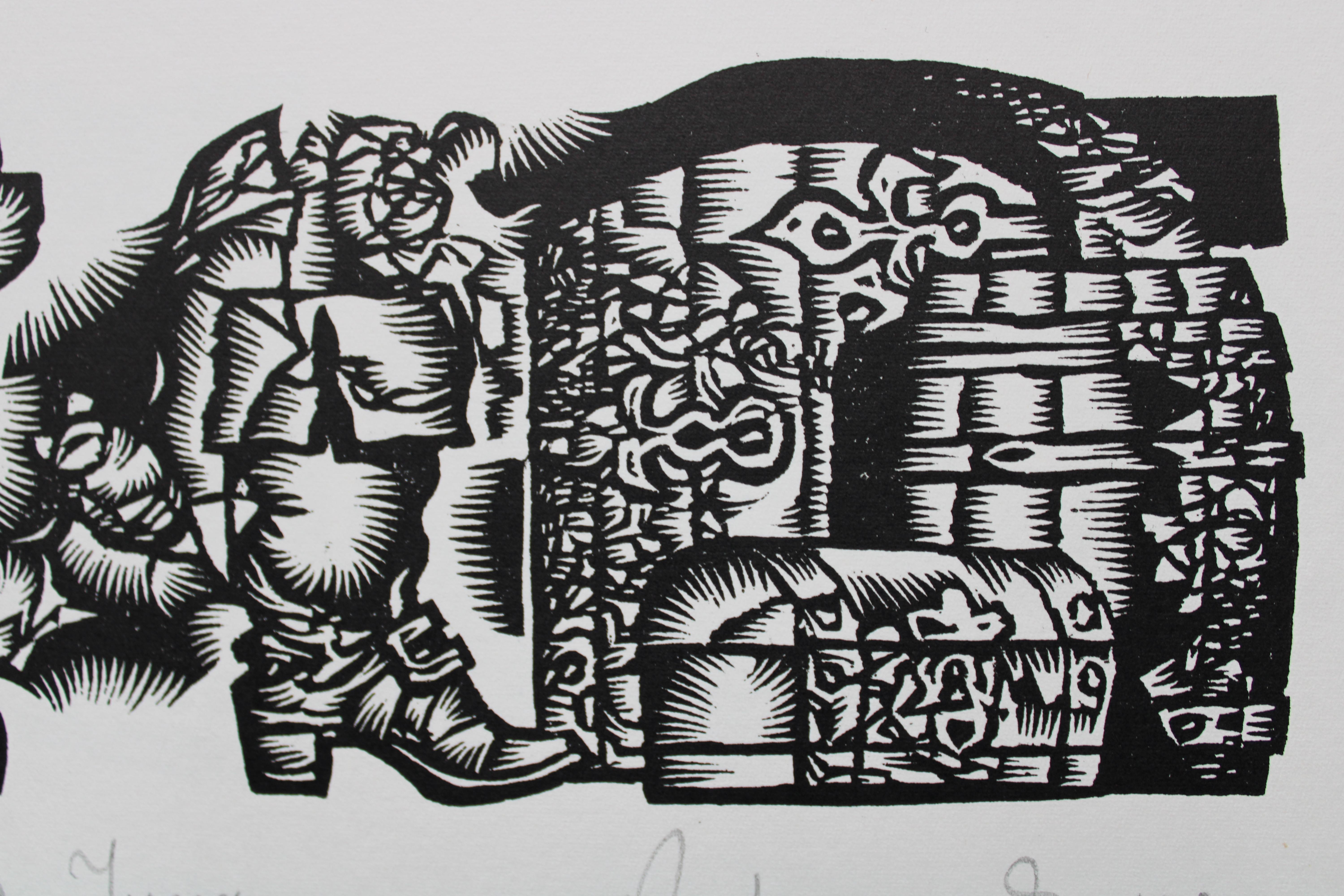 Lord of the manor. 1982. Paper, linocut, 20x34 cm - Gray Print by Dainis Rozkalns