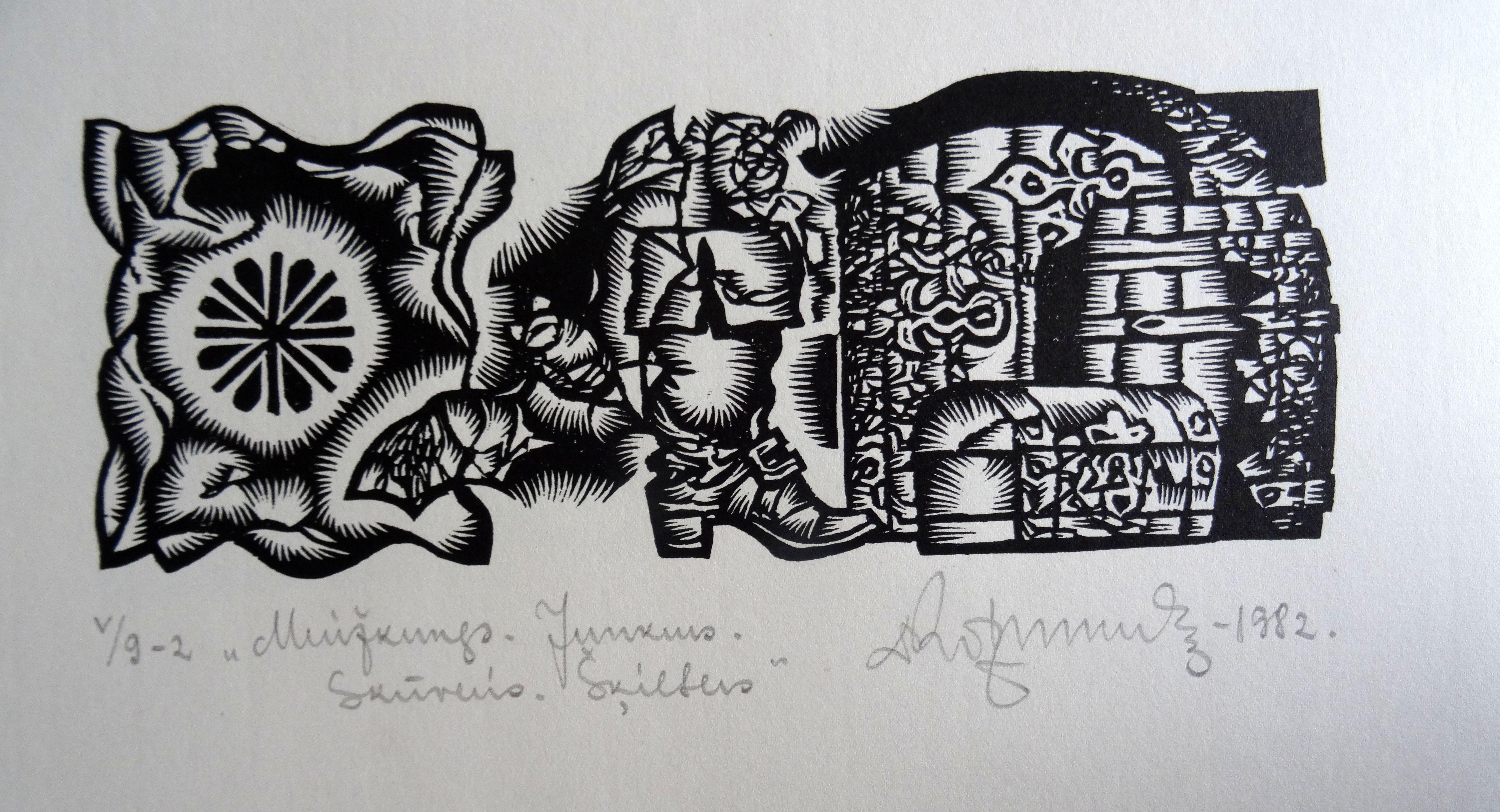 Dainis Rozkalns Print – Herr des Hauses. 1982. Papier, Linolschnitt, 20x34 cm