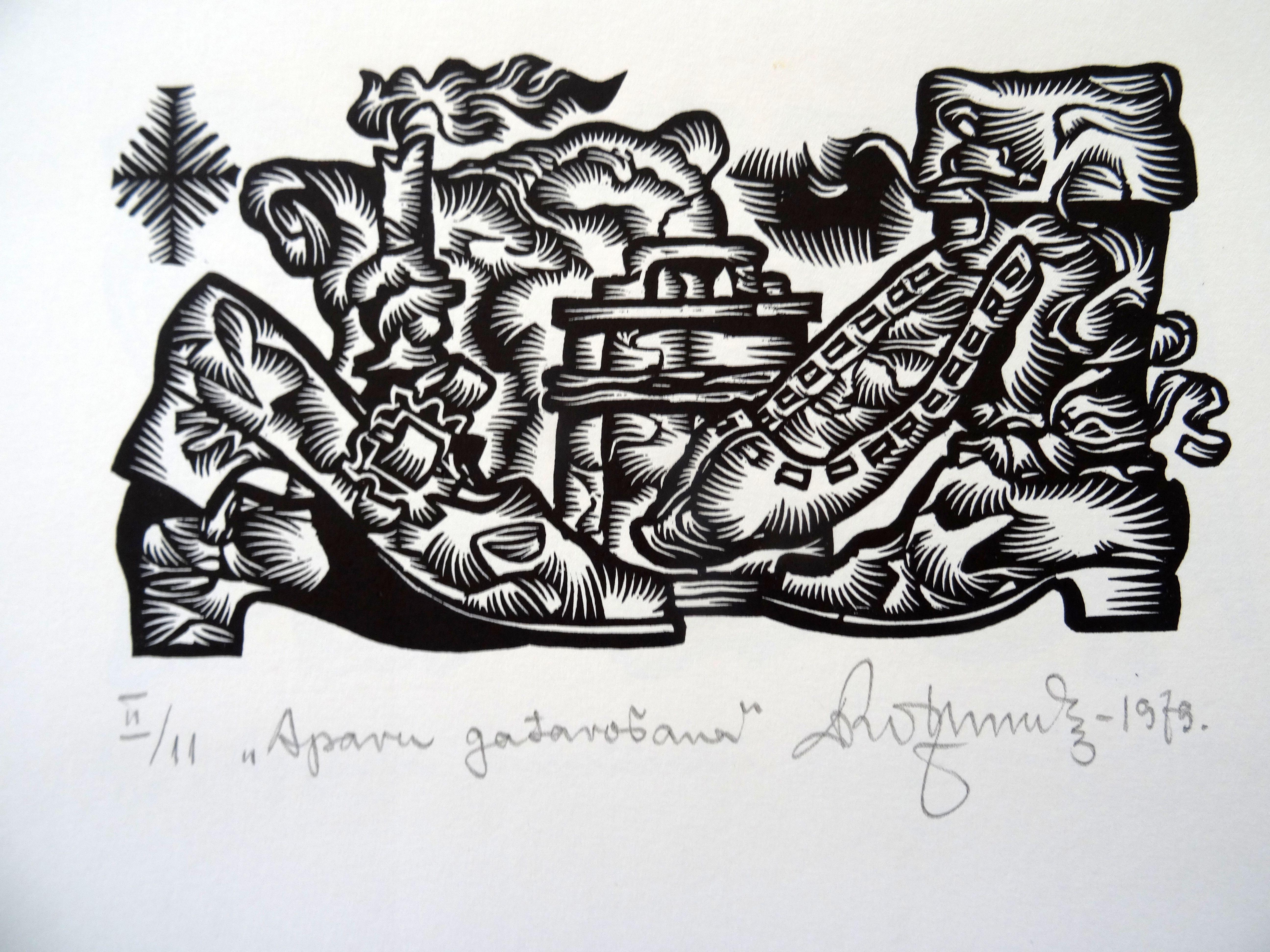 Realizzazione di scarpe. 1979. Carta, linoleografia, 25x34 cm