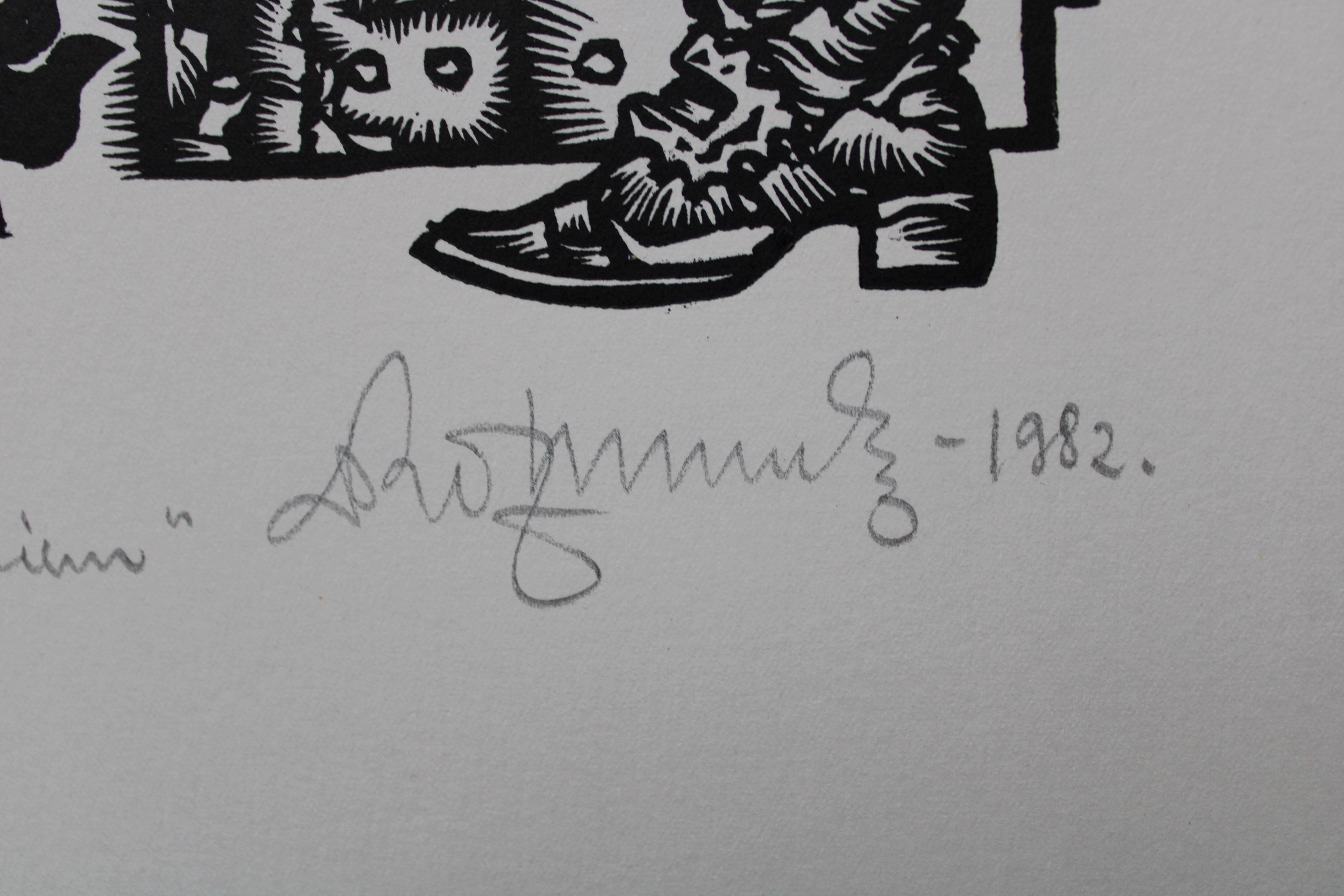 Una lotta contro i signori. 1982. Carta, linoleografia, 25x34 cm
dimensioni dell'impronta 13x26,5 cm dimensioni totali della pagina 25x34cm

Dainis Rozkalns (1928 - 2018)

Artista, grafico, illustratore di pubblicazioni folcloristiche e di